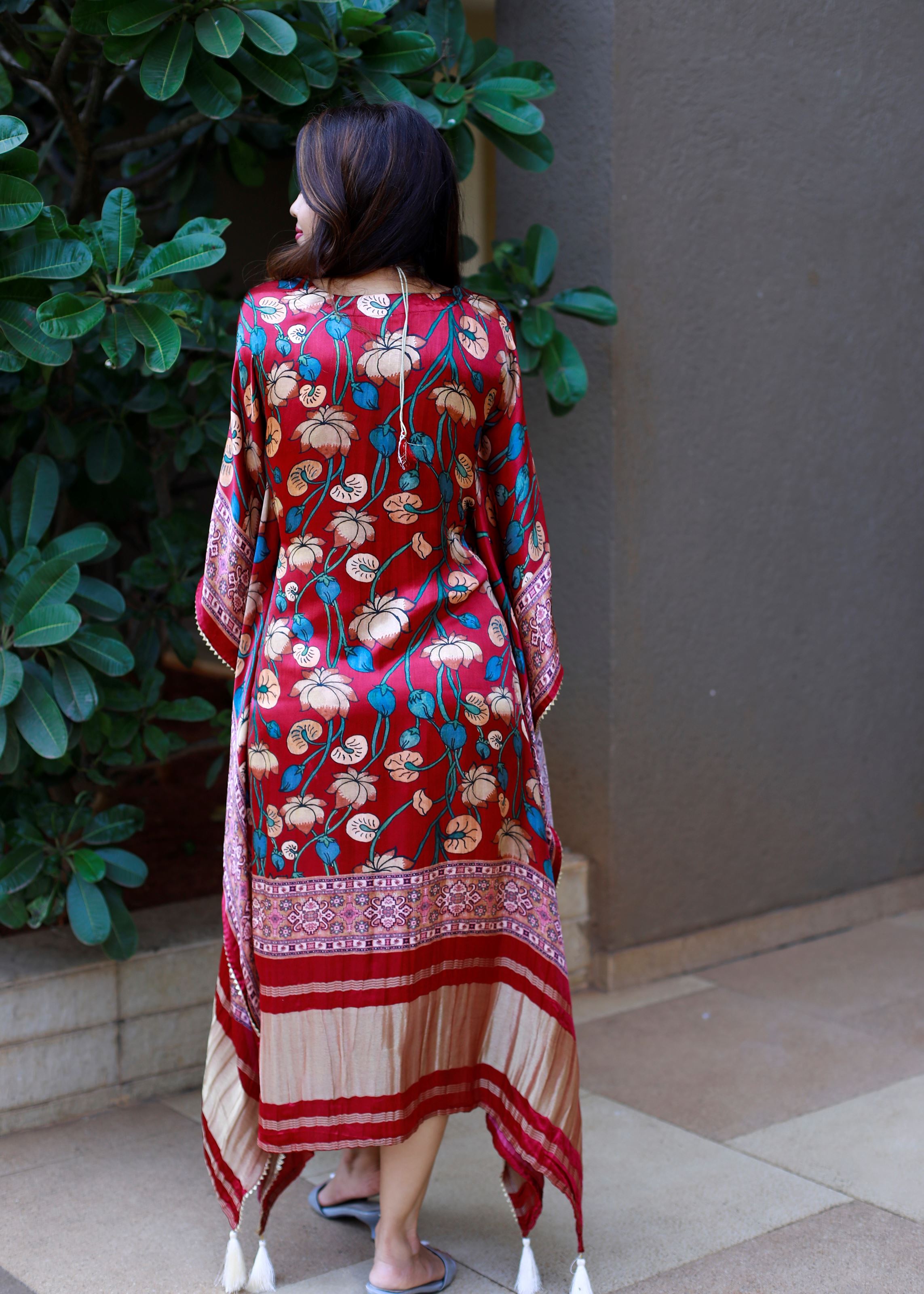 Maroon Color Pure Gaji Silk Kaftan with Gotta Patti Tassels