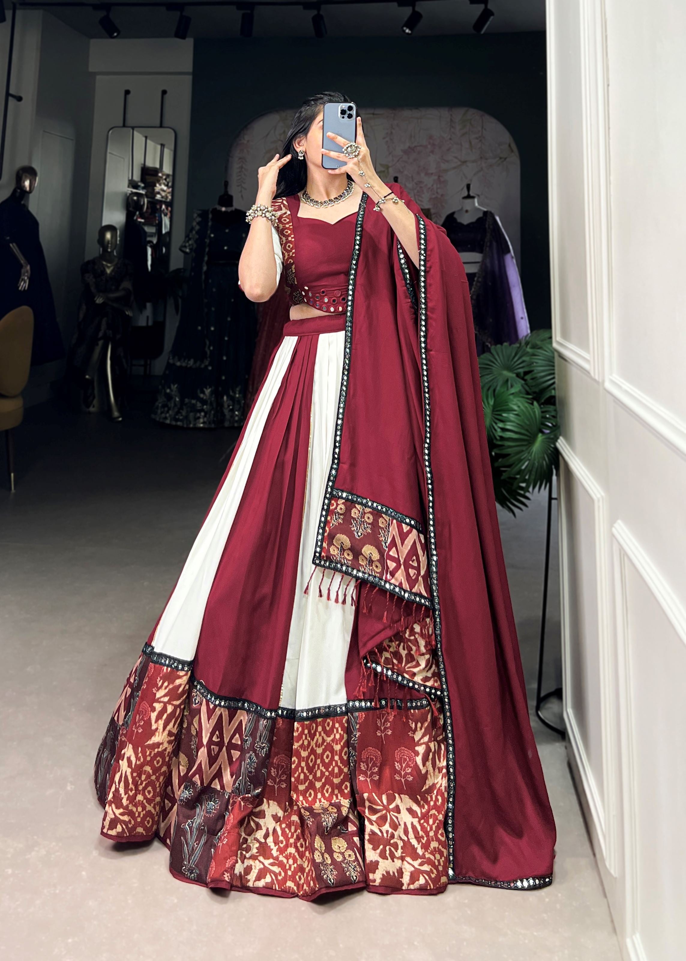 Maroon Printed Plain Rayon Lehenga with Mirror Lace and Gota Patti Sparkle