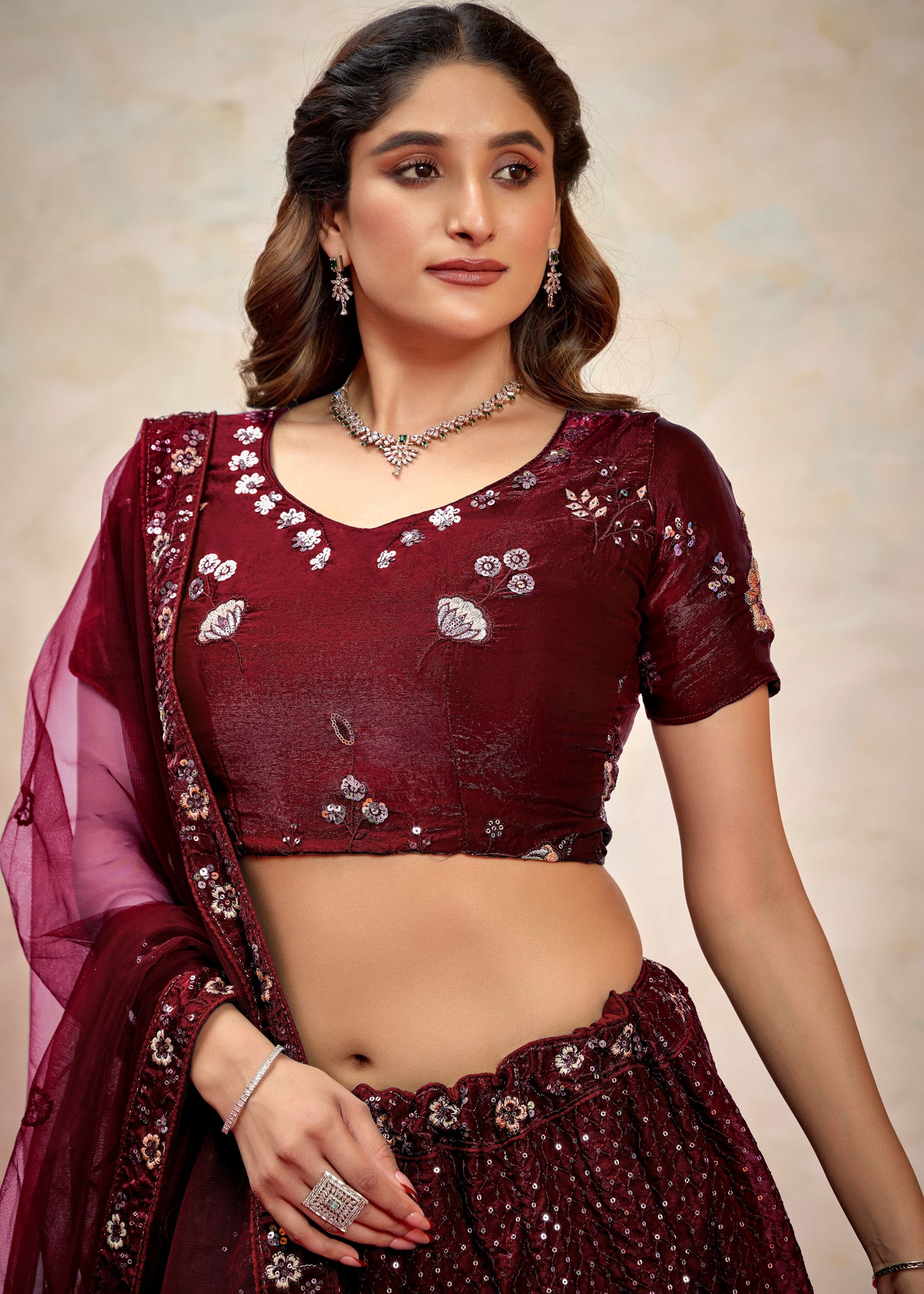 Maroon Silk Lehenga with Handworked Sequin Design