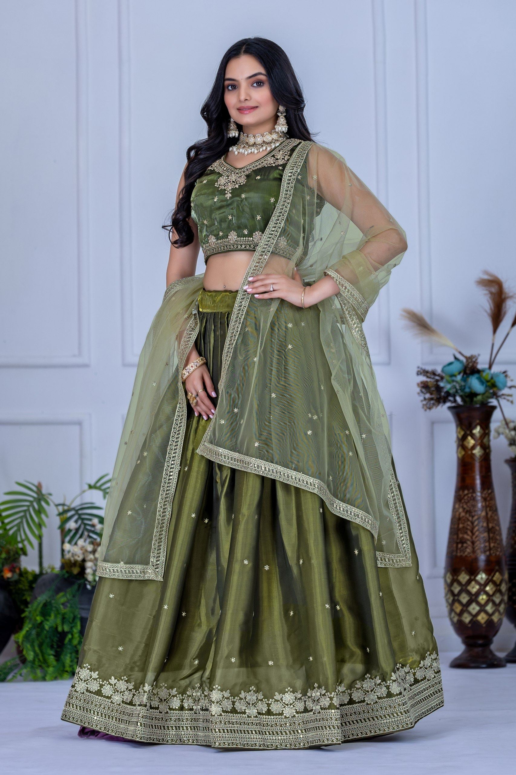 Mehandigreen Lehenga Choli With Embroidery With Zari Thread Sequence Work