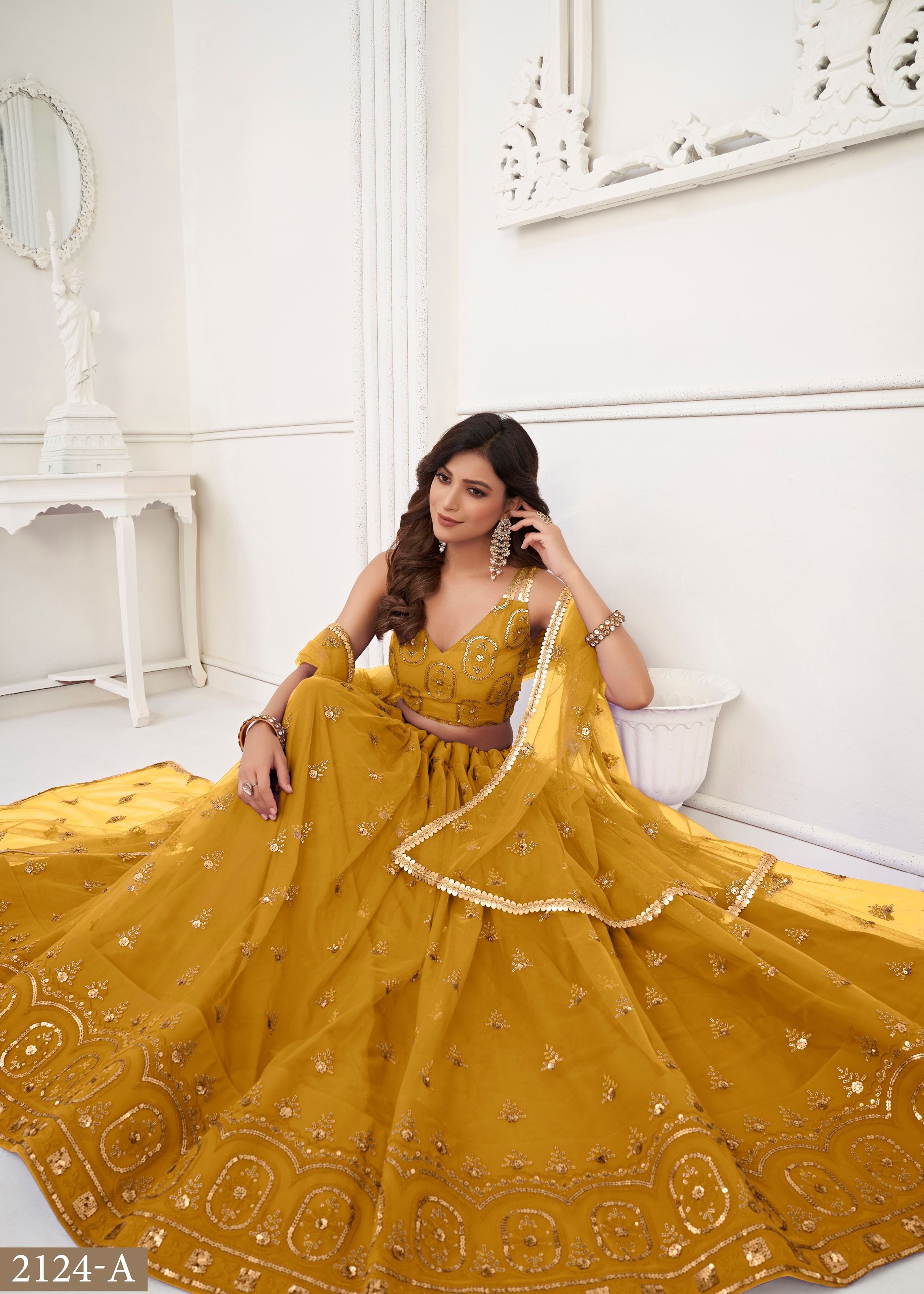 Mustard Butterfly Net Lehenga Choli With Thread And Zari Sandwich Sequence Embroidery Work