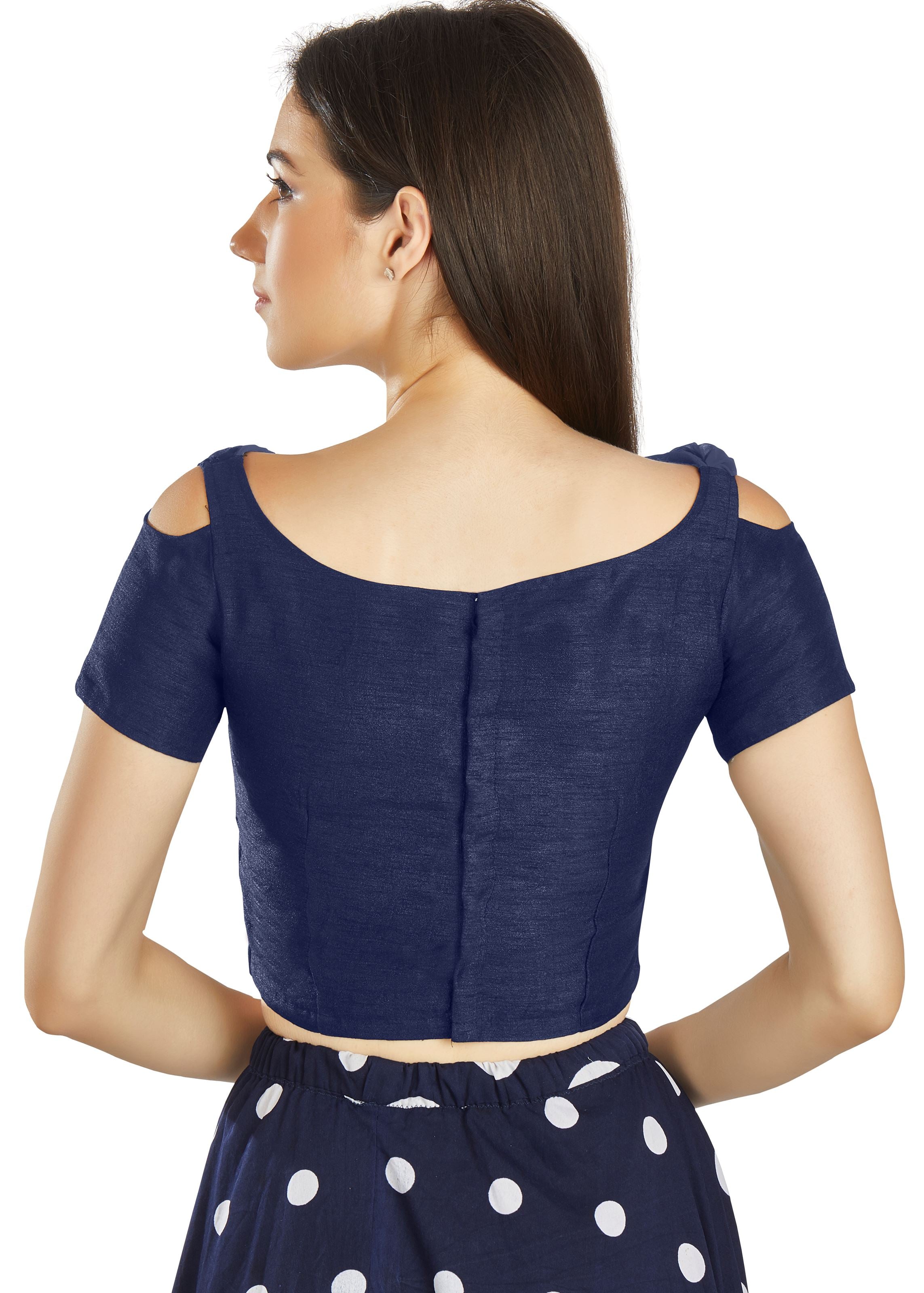 Navy Blue Art Silk V Neck Blouse With Frill neck Work