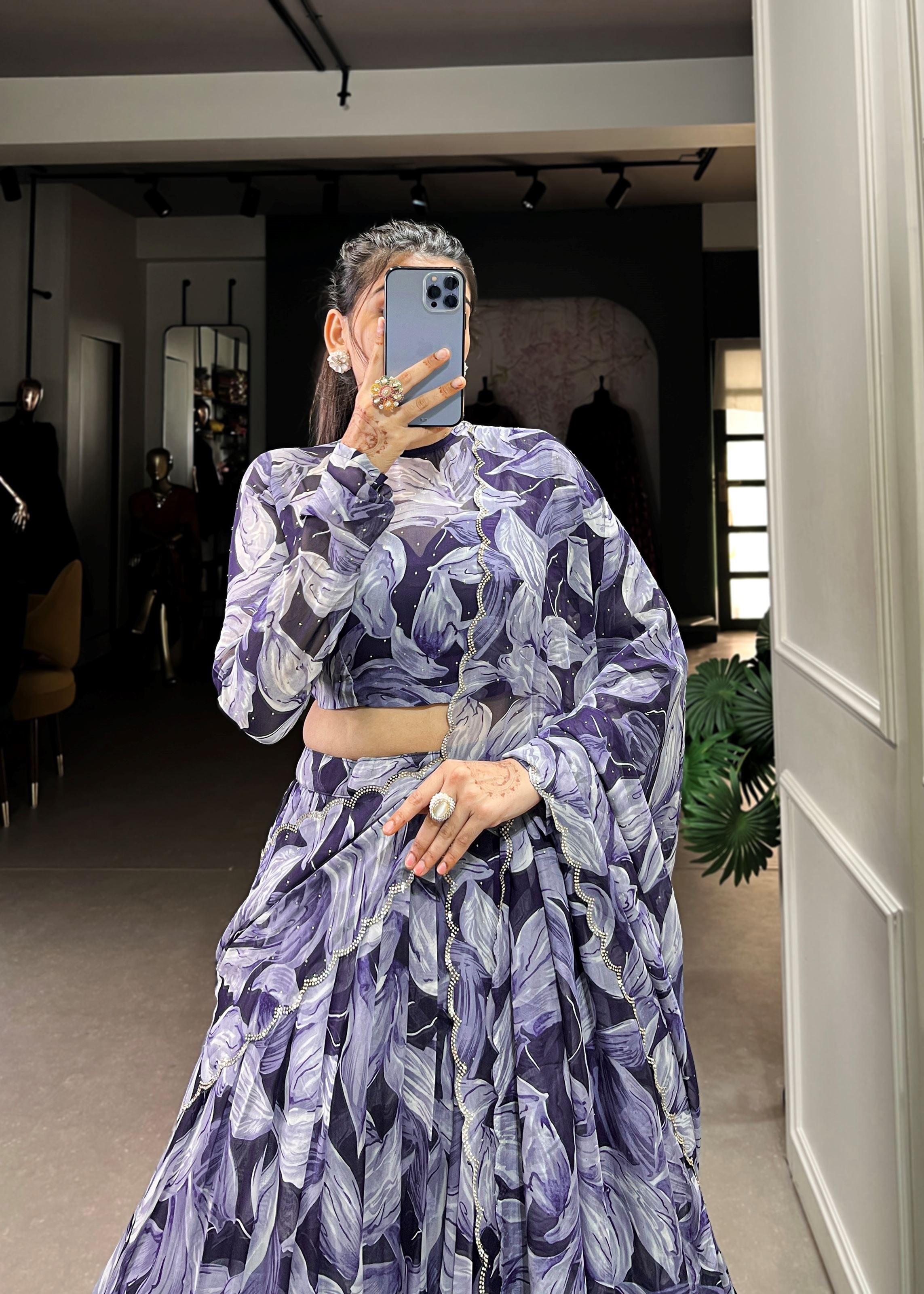 Navy Blue Elegance Printed Tabby Silk Lehenga with Hotfix Work