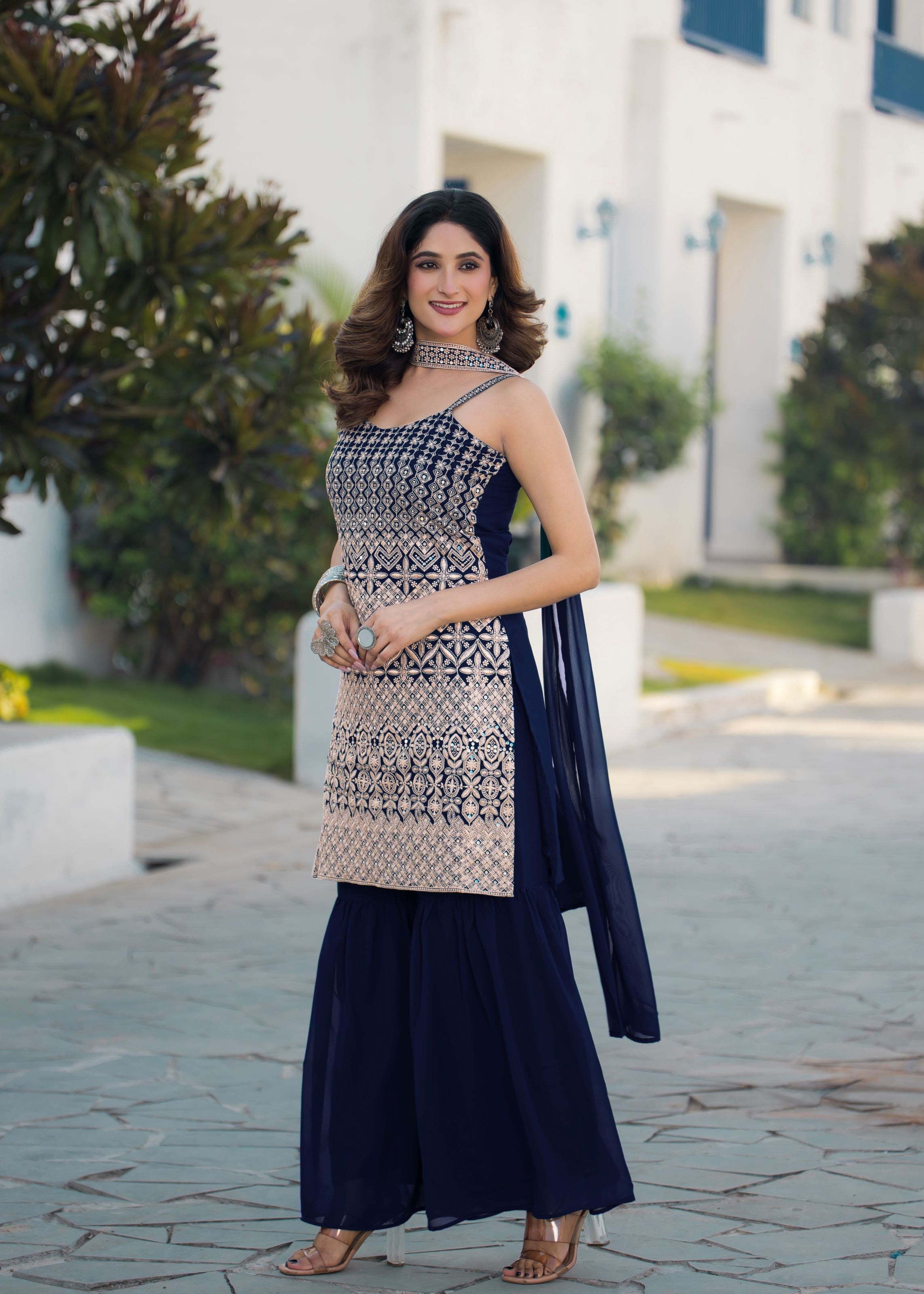 Navy Blue Sharara Dress With Sequence Embroidered