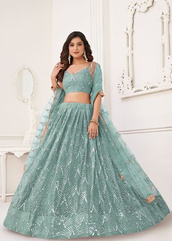 Ocean Blue Net Lehenga Choli With Thread Embroidery Real Mirror Work
