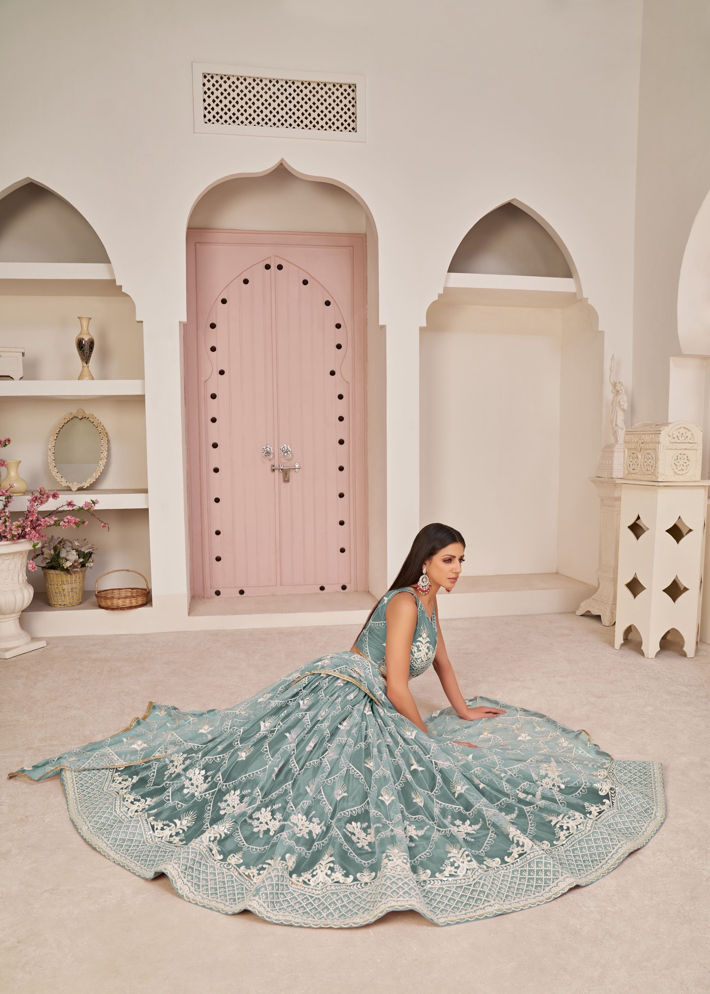 OceanBlue Net Lehenga Choli With Thread Embroidery Work