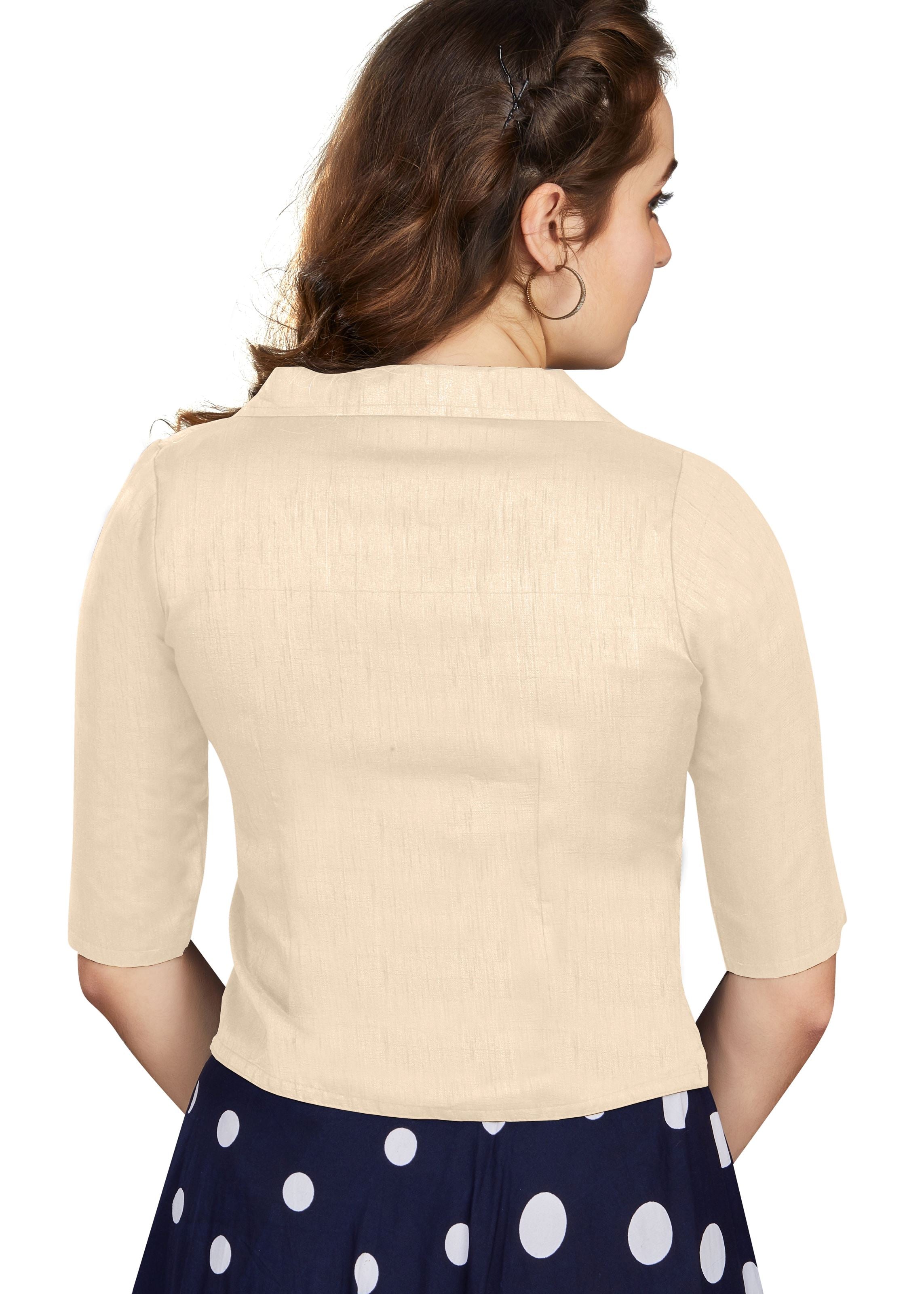 Off White Art Silk Collar Neck Plain Blouse