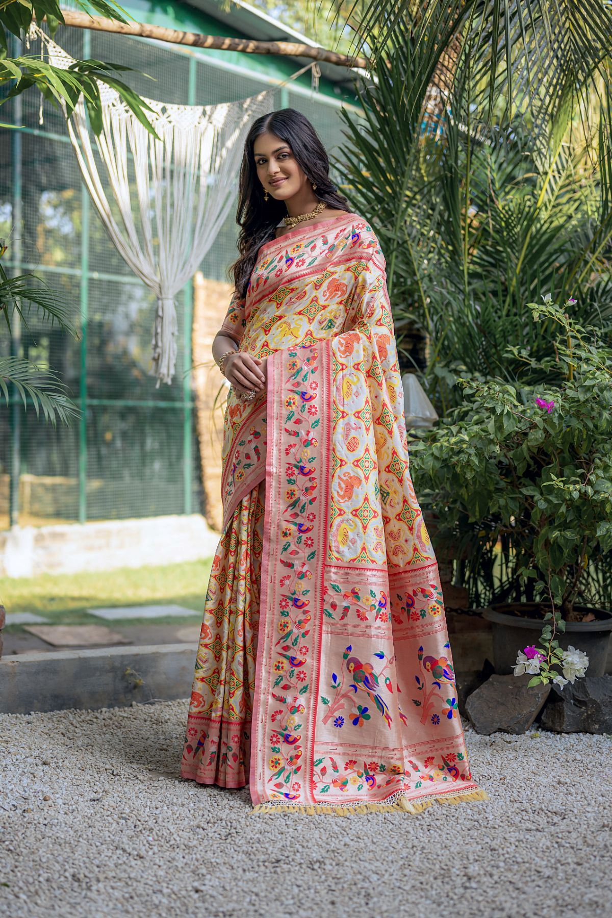 Off White Paithani Silk Saree with Meenakari Zari and Pallu