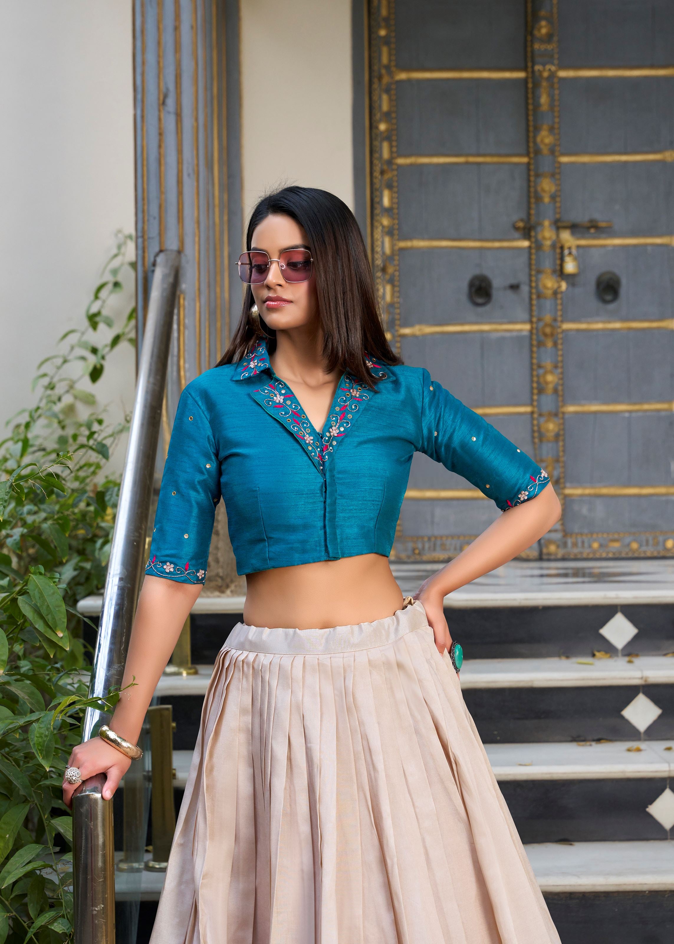 Off White Tussar Silk Lehenga with Delicate Floral Prints Ethnic Elegant