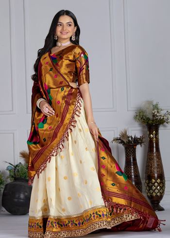 Offwhite Lehenga Choli With Jacquard With Zari Weaving With Embroidery Lace Attached