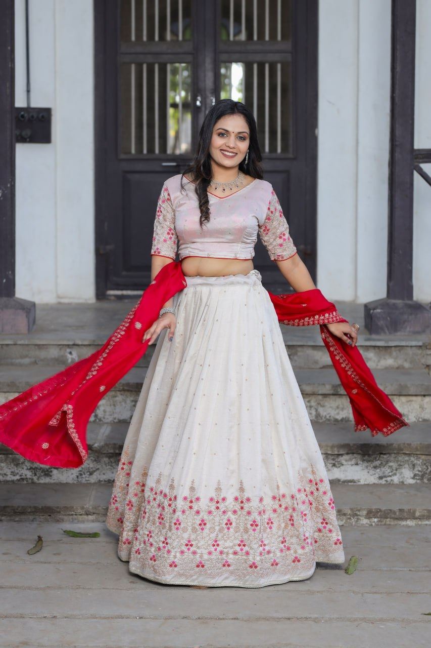 Off-White Lehenga Choli with Sequins and Thread Embroidery Work