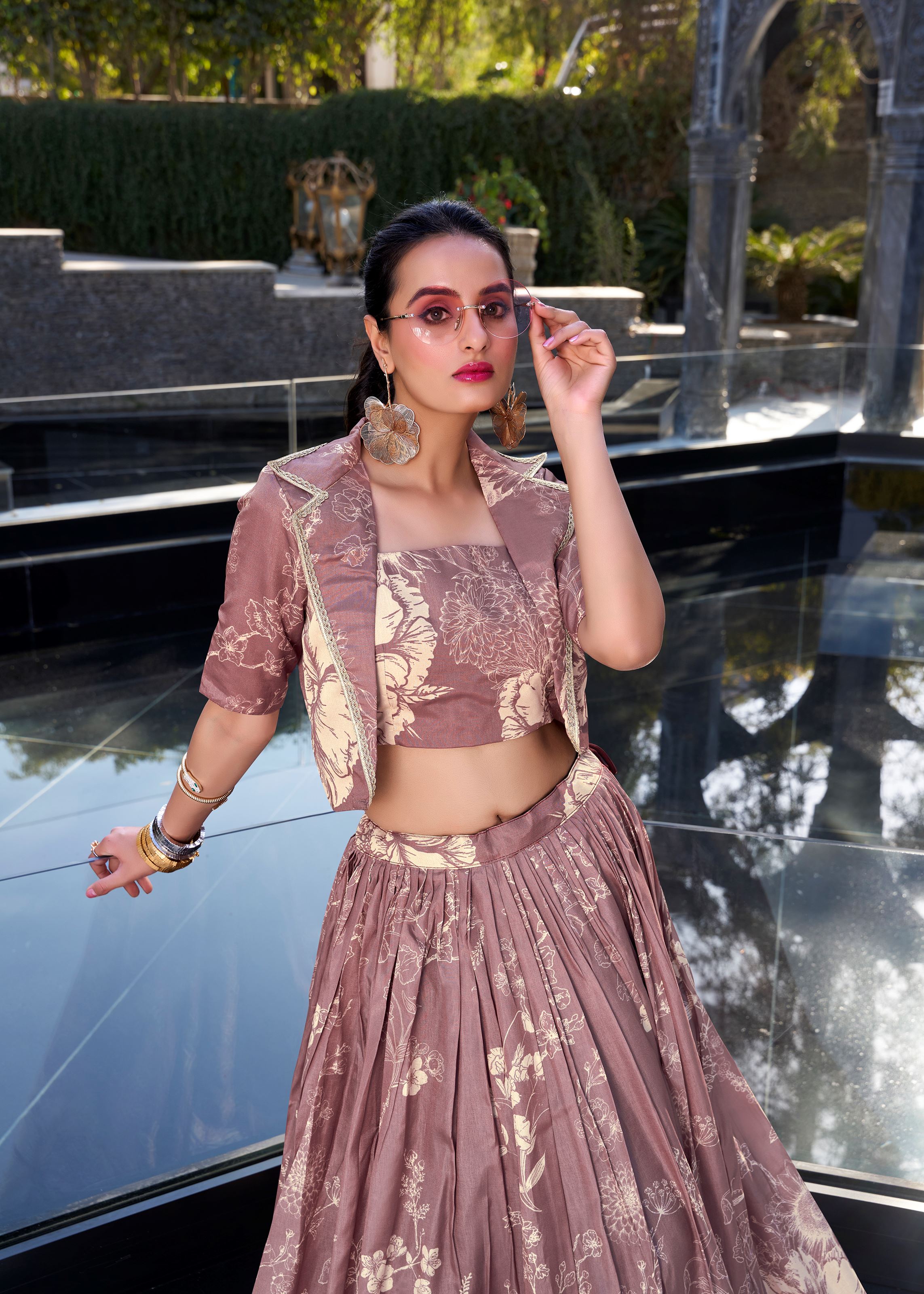 Onion Grace in Bloom Tussar Silk Floral Print Lehenga