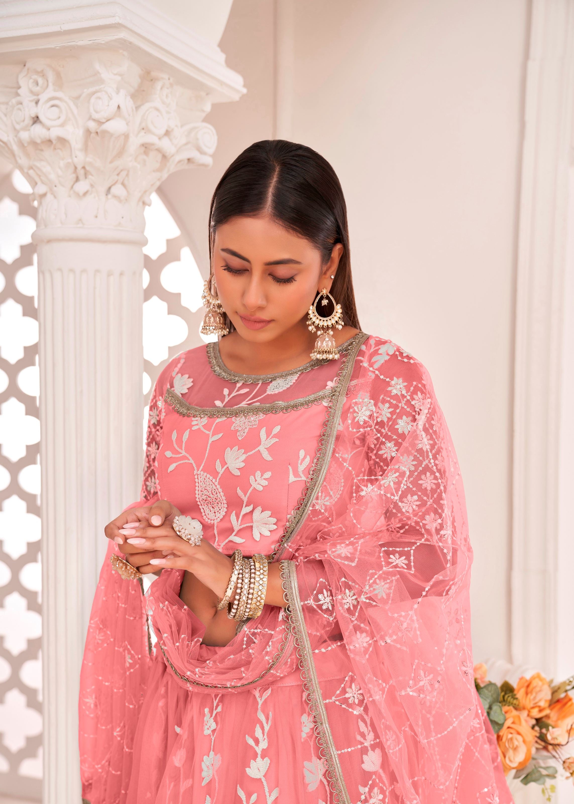 Peach Butterfly Net Lehenga Choli With Thread Embroidery Work