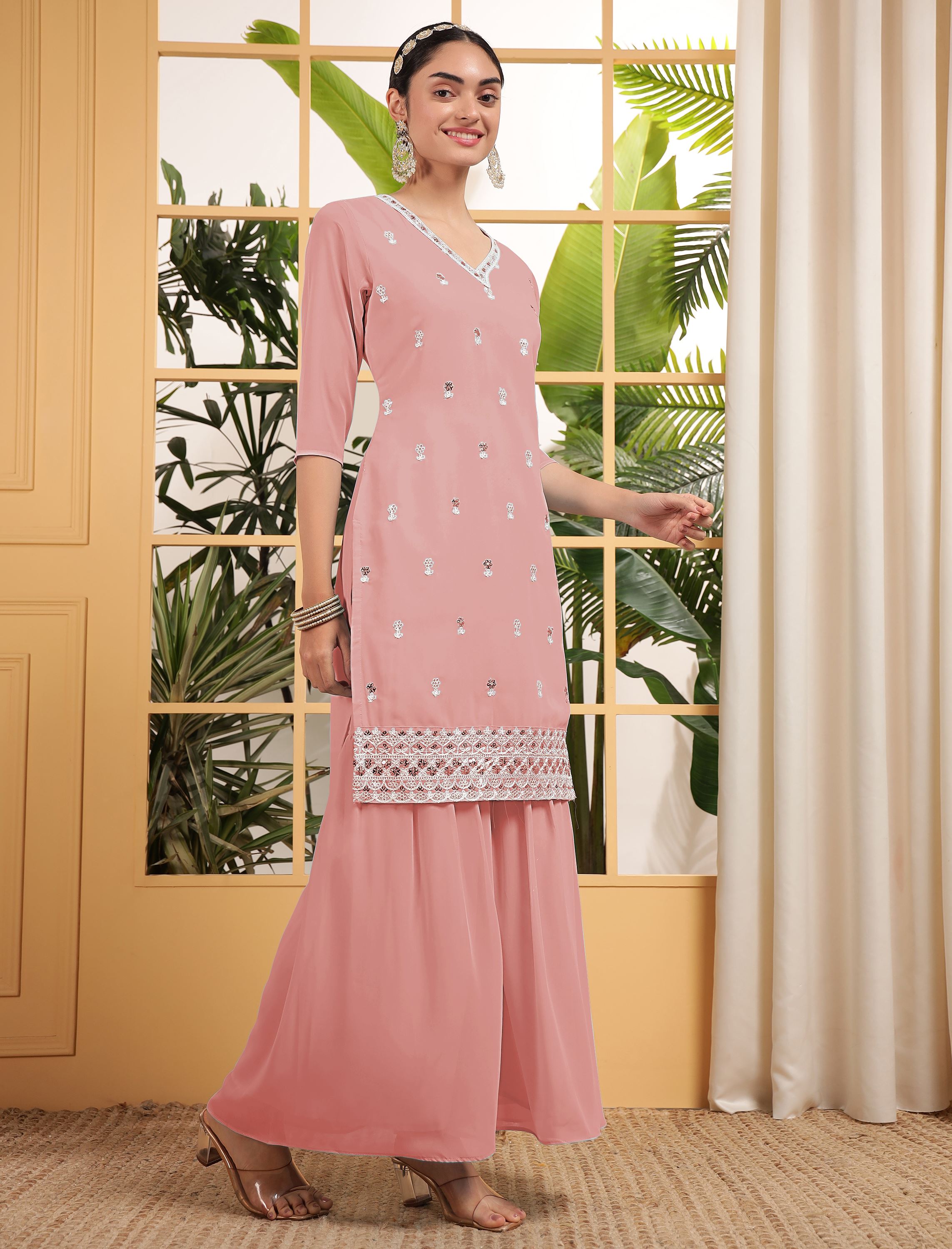 Peach Sharara Dress With Sequence Embroidered