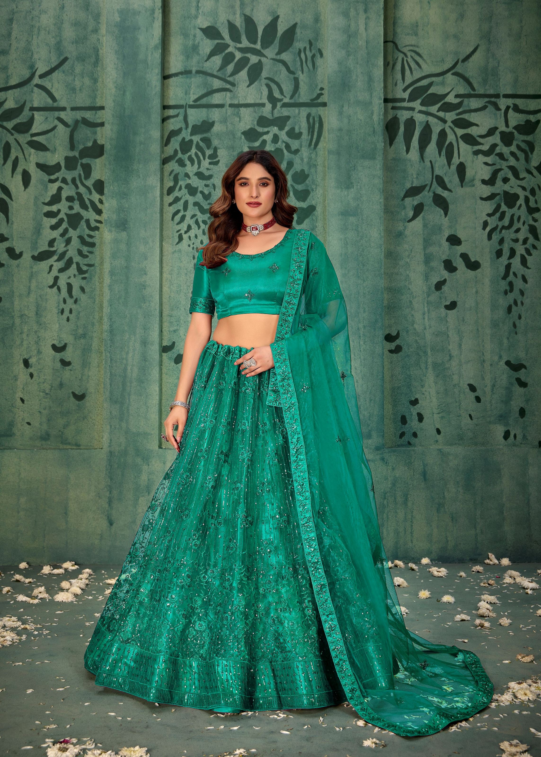 Persian Green Net Lehenga with Graceful Sequin Work