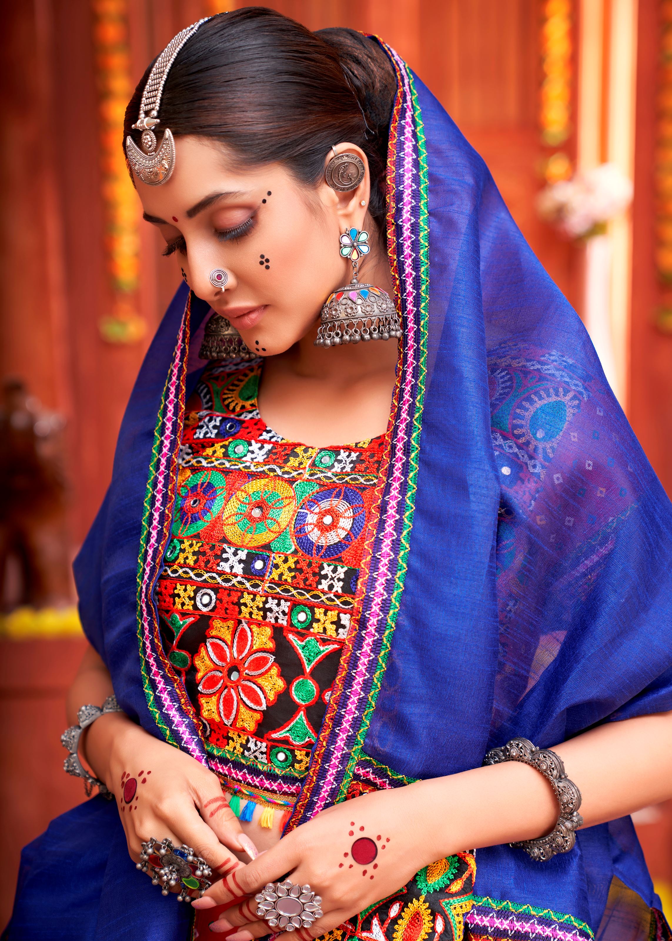 Pink And Royal Blue Navratri Chaniya Choli With Bandej Print With Gamthi Work And Real Mirror Work