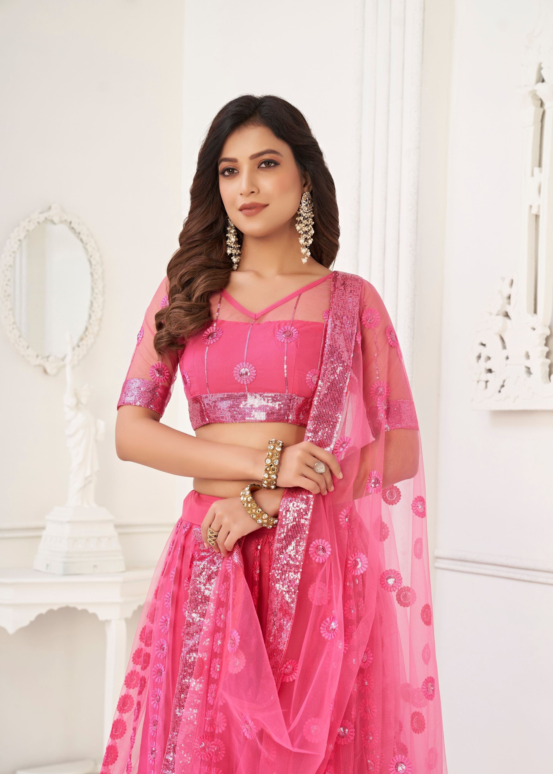 Pink Butterfly Net Lehenga Choli With Tone To Tone Thread Embroidery And Sequins Work