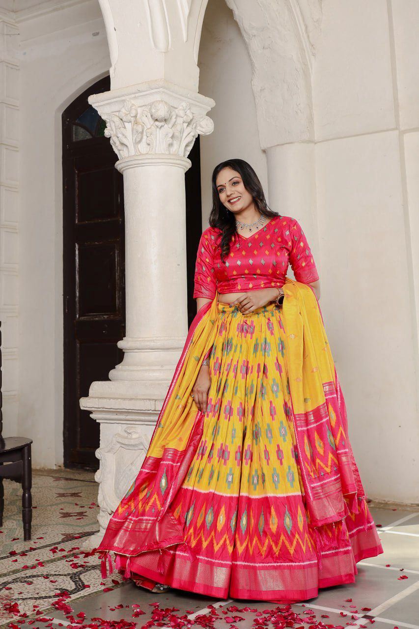 Pink Lehenga Choli With Patola Print and Foil Work Belt