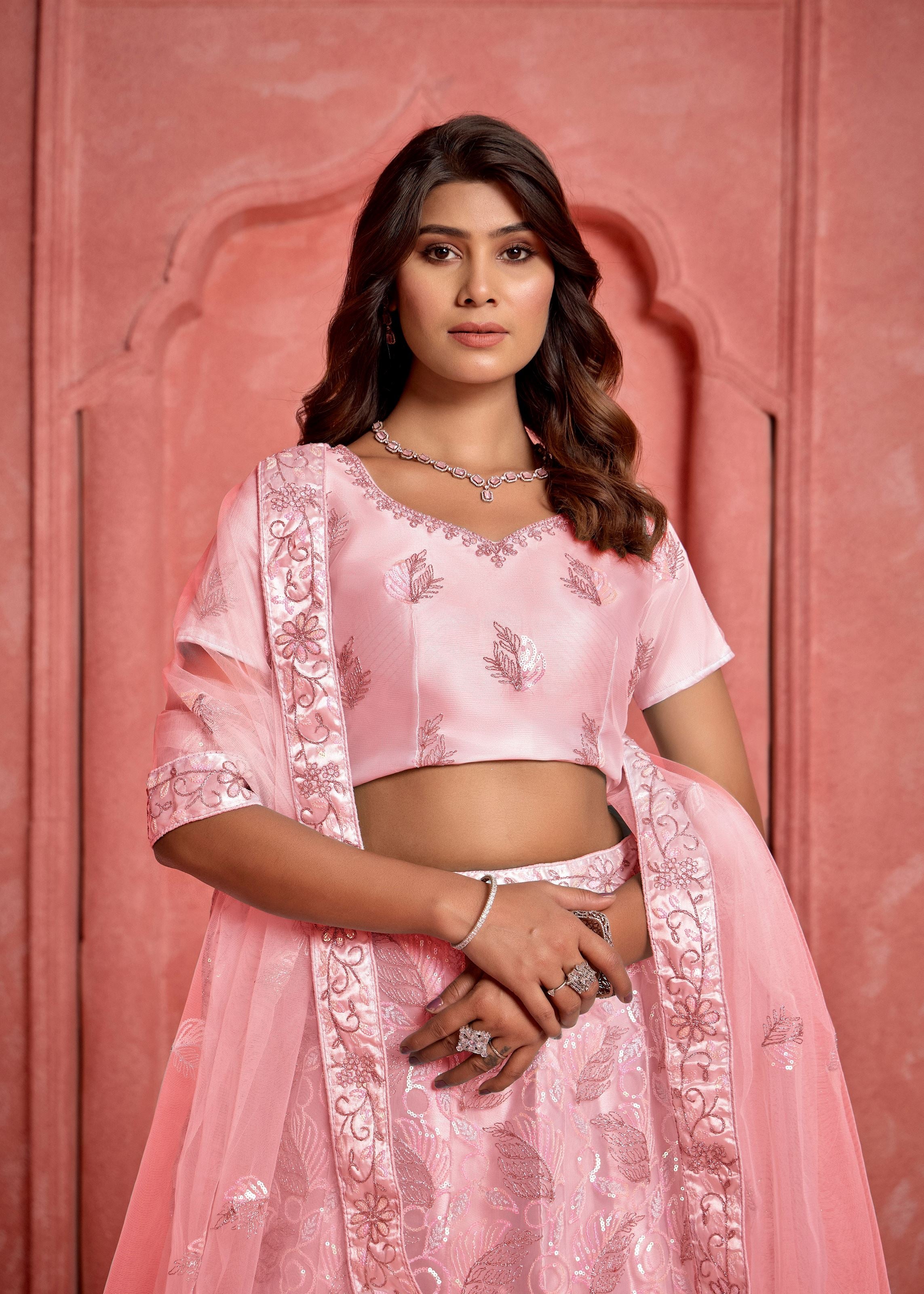 Lipgloss Pink Net Lehenga with Sequence Accents