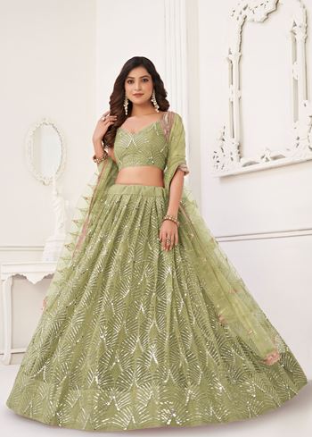 PistaGreen Net Lehenga Choli With Thread Embroidery Real Mirror Work