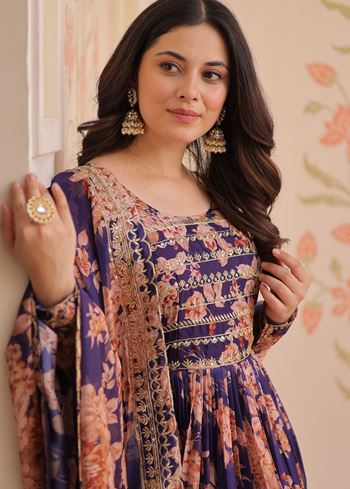 Purple Anarkali With Heavy Digital Print With Embroidered Sequins Work