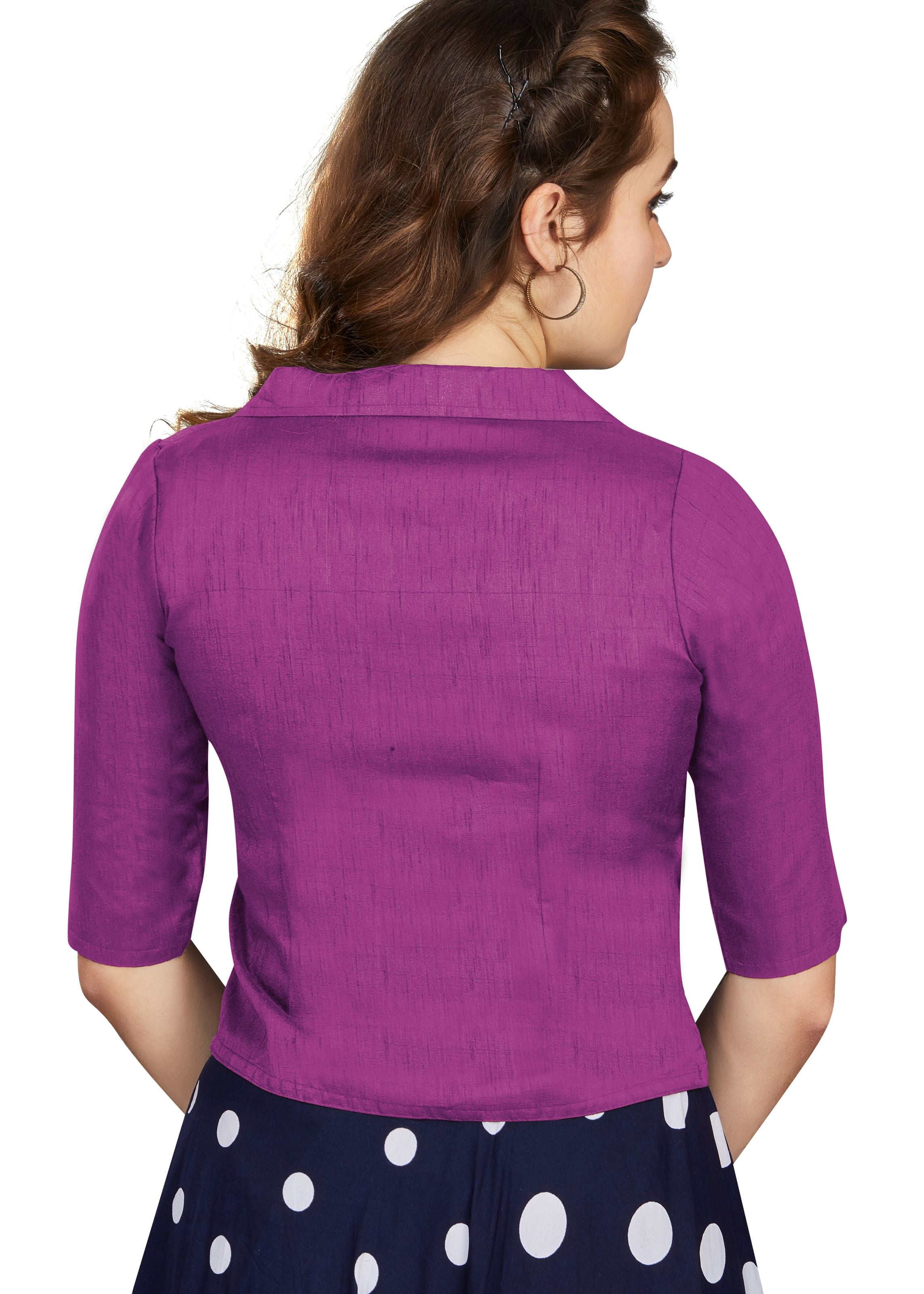 Purple Art Silk Collar Neck Plain Blouse