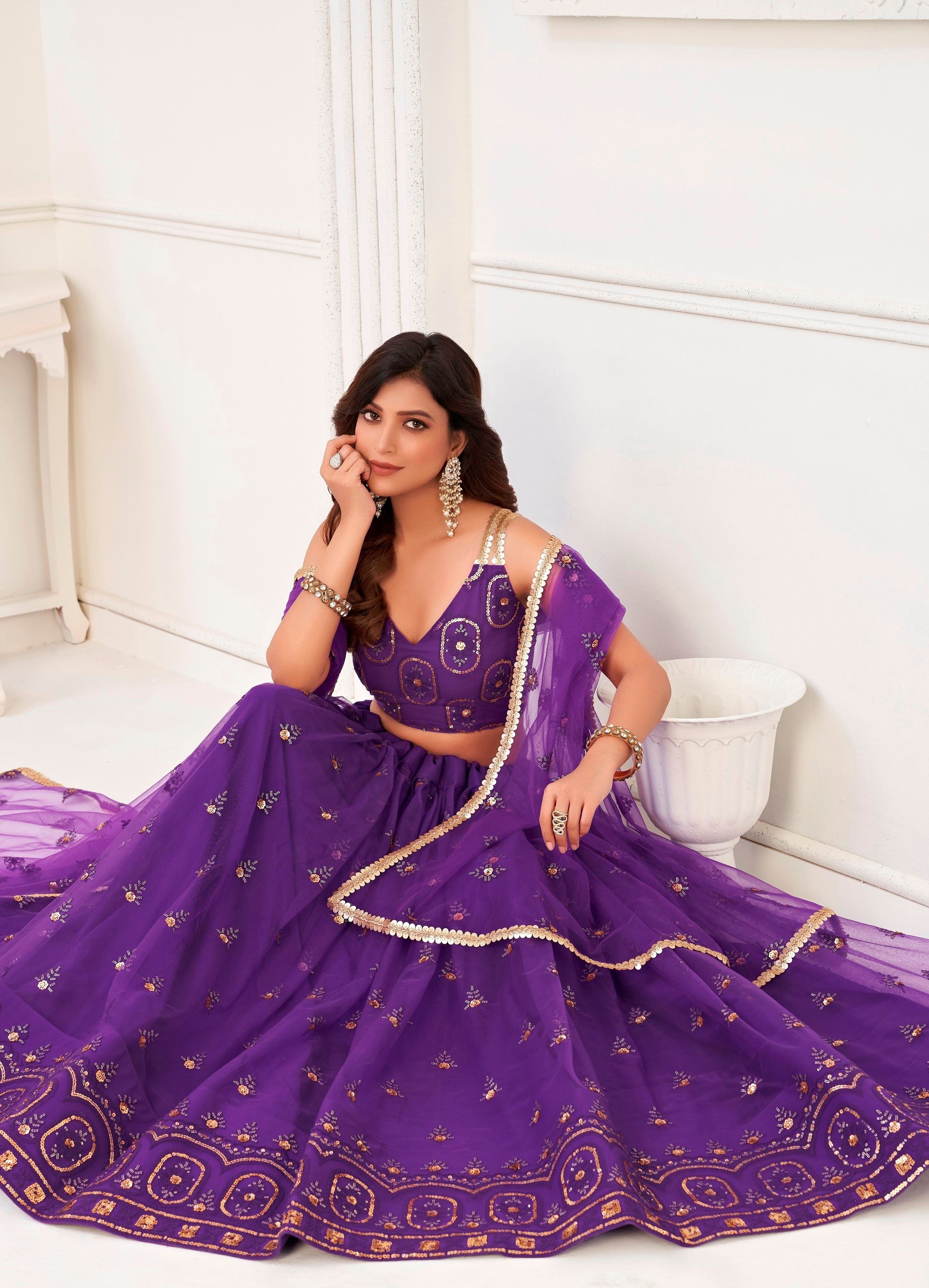 Purple Butterfly Net Lehenga Choli With Thread And Zari Sandwich Sequence Embroidery Work