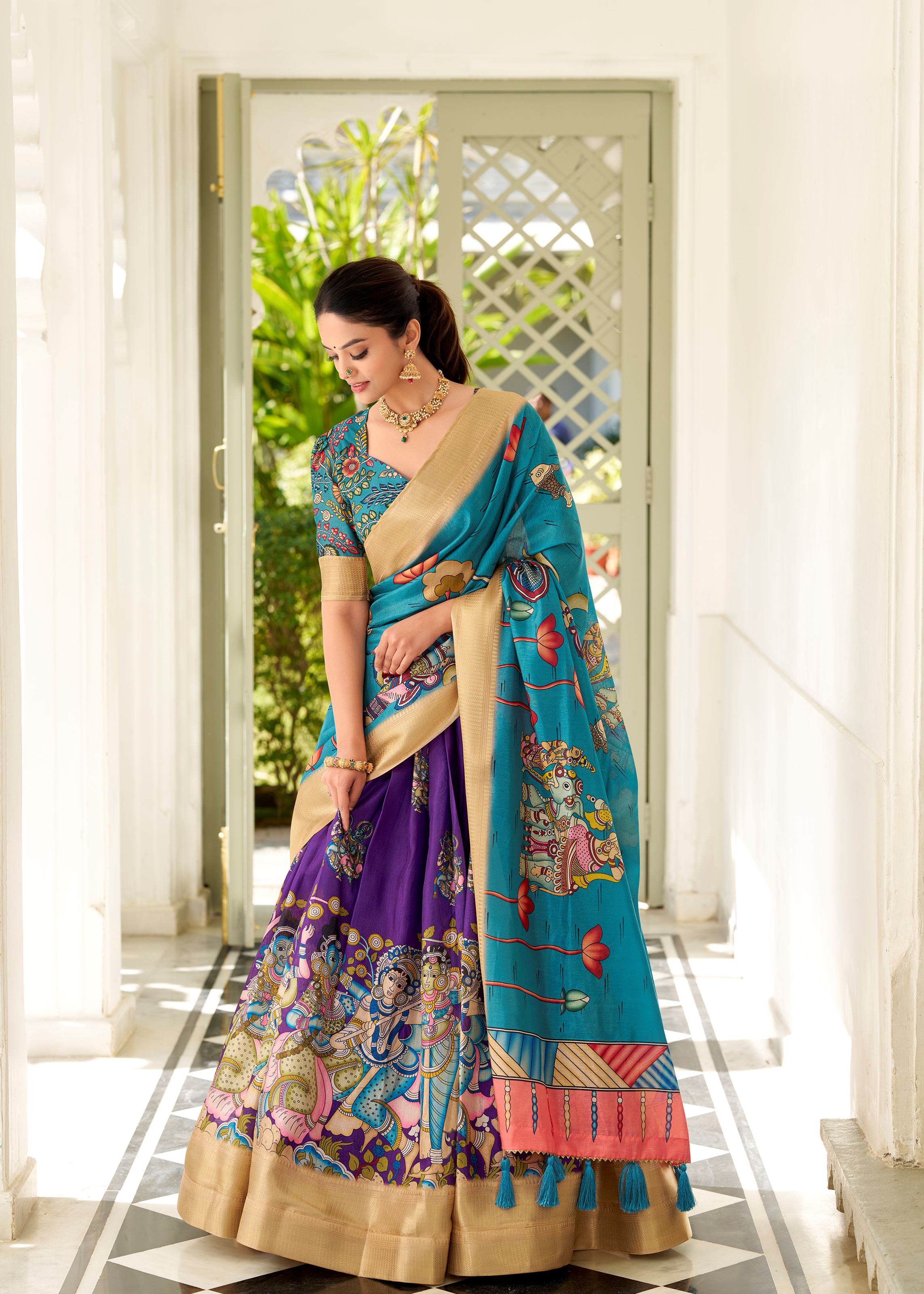 Purple Kalamkari Charm on Luxurious Dola Silk Lehenga with Woven Borders