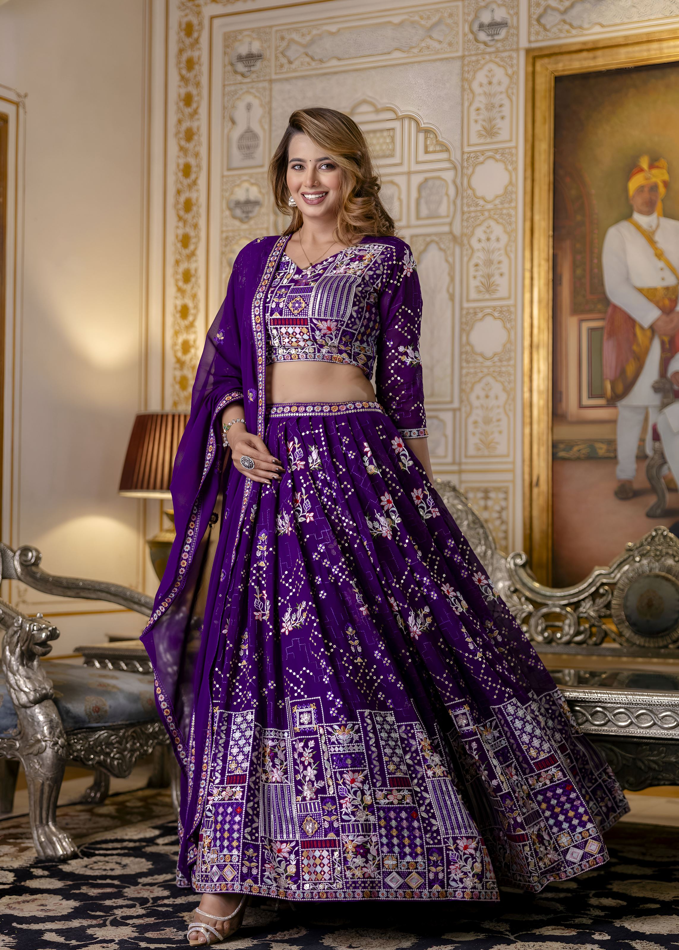 Purple Lehenga Choli with Heavy Embroidery, Sequence work