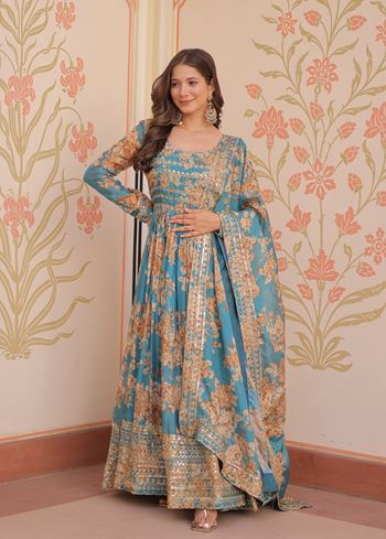 Rama Anarkali With Heavy Digital Print With Embroidered Sequins Work
