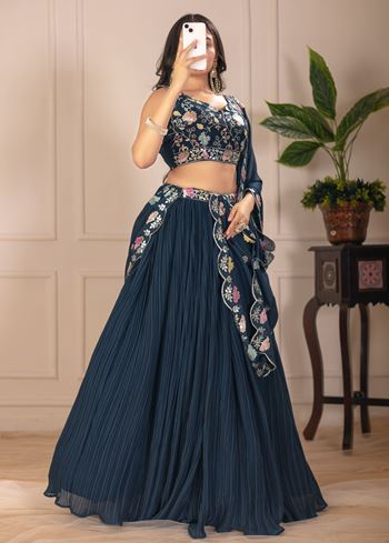 Rama Lehenga Choli With Embroidery With Multi Thread Sequence Work