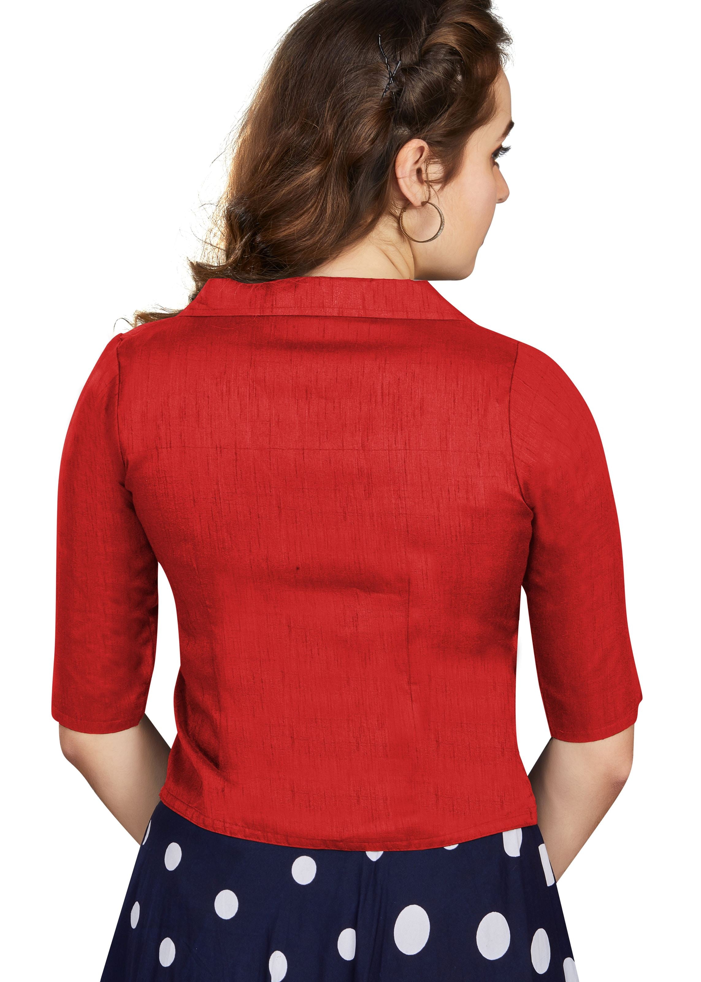 Red Art Silk Collar Neck Plain Blouse
