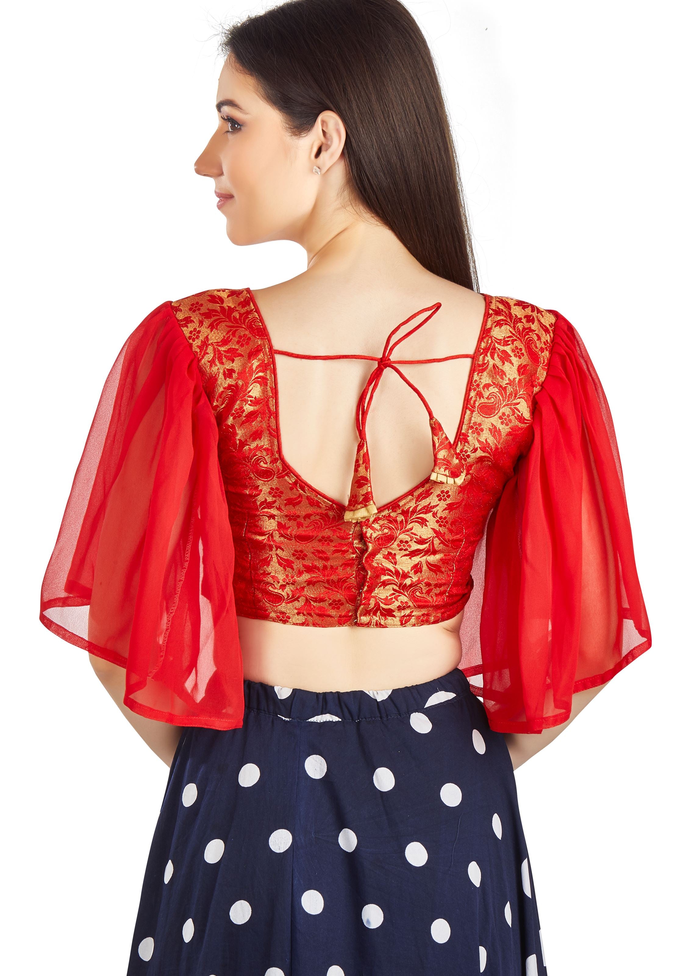 Red Brocade V Neck Blouse With Pletted Frill In Sleev