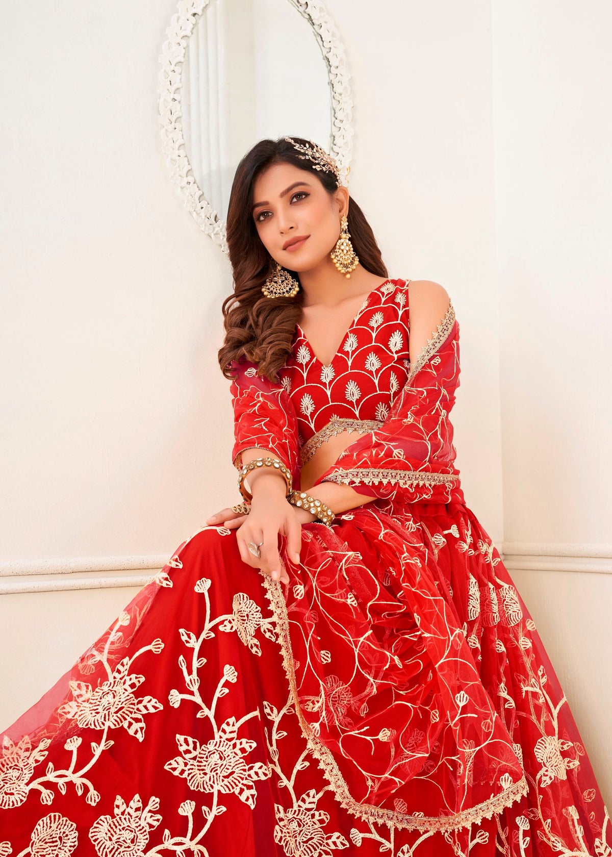 Red Butterfly Net Lehenga Choli With Embroidery And Sequins Work