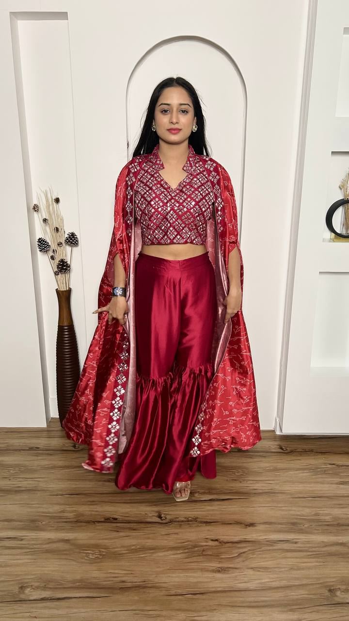 Red Lehenga Choli With Digital Print & Paper Mirror Border Work