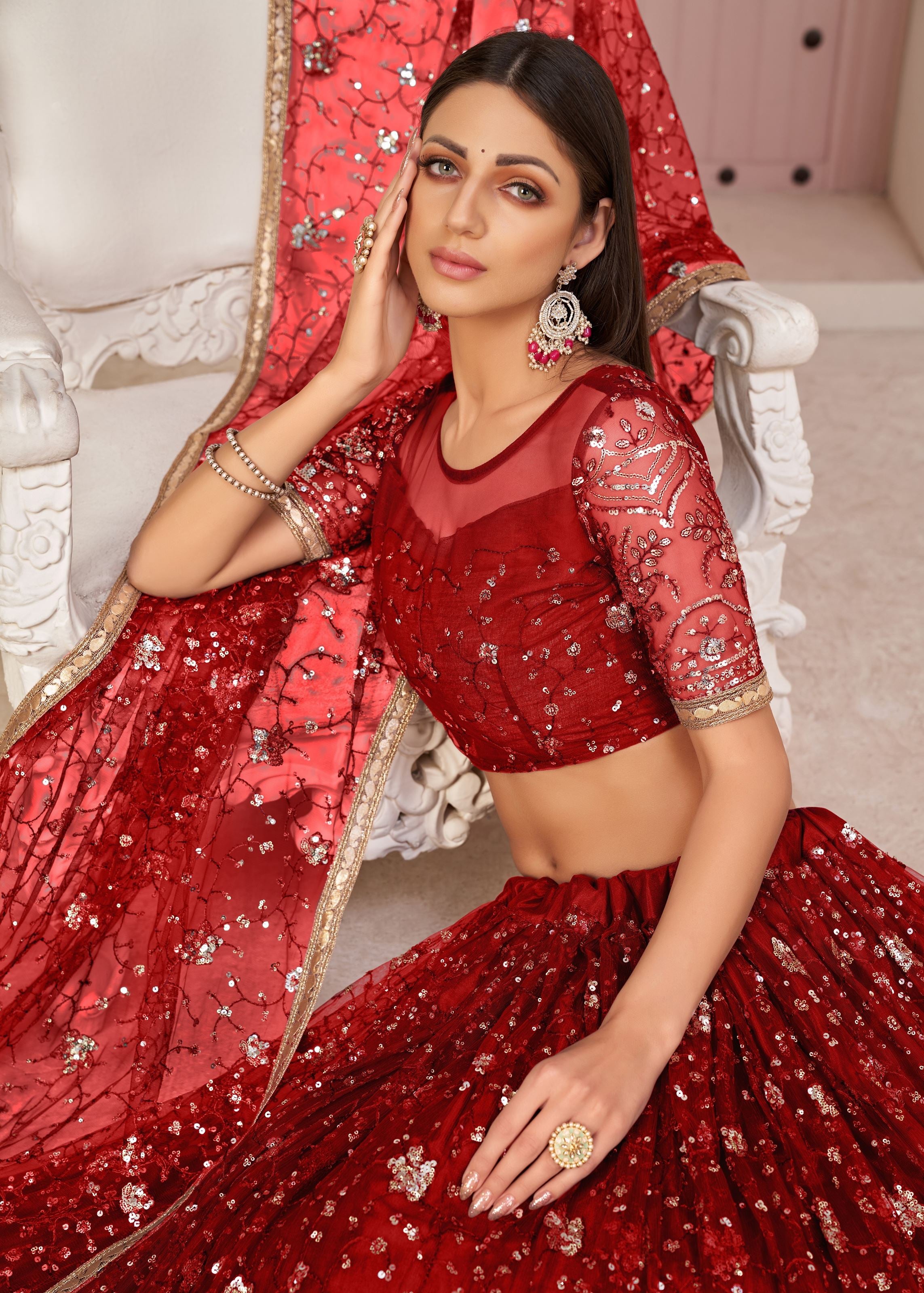 Red Net Lehenga Choli With Thread Embroidery Work