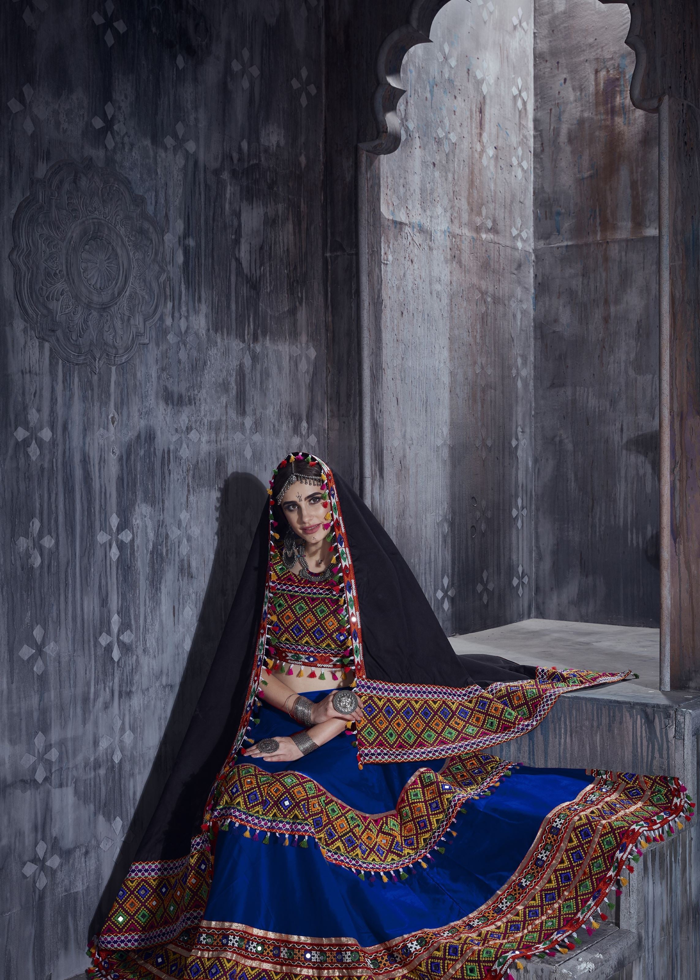 Royal Blue And Black Navratri Chaniya Choli With Gamthi Lace Work With Mirror Work