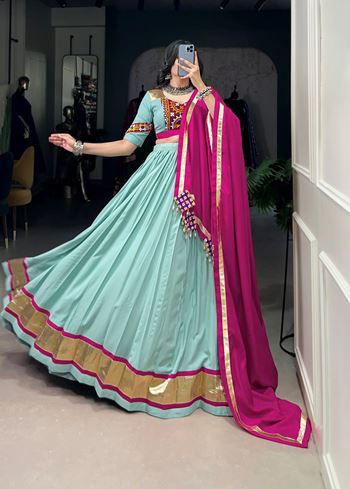 Sea Green Embossed Rayon Lehenga Choli with Lace Touch-Up