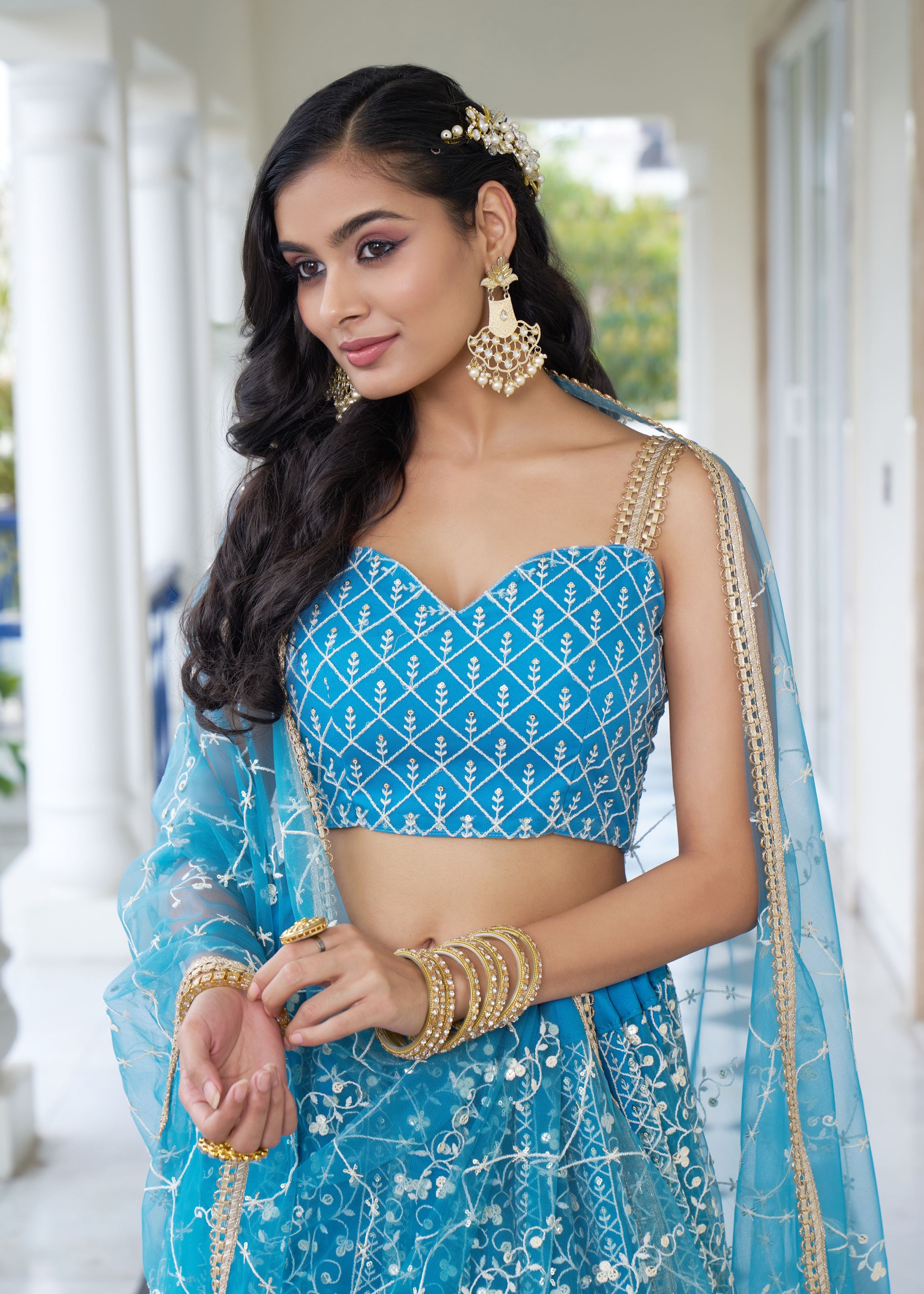 Sky Blue Net Lehenga Choli With Thread Embroidery Work