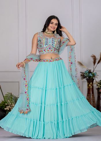 Sky Lehenga Choli With Embroidery With Multi Thread Sequence Work