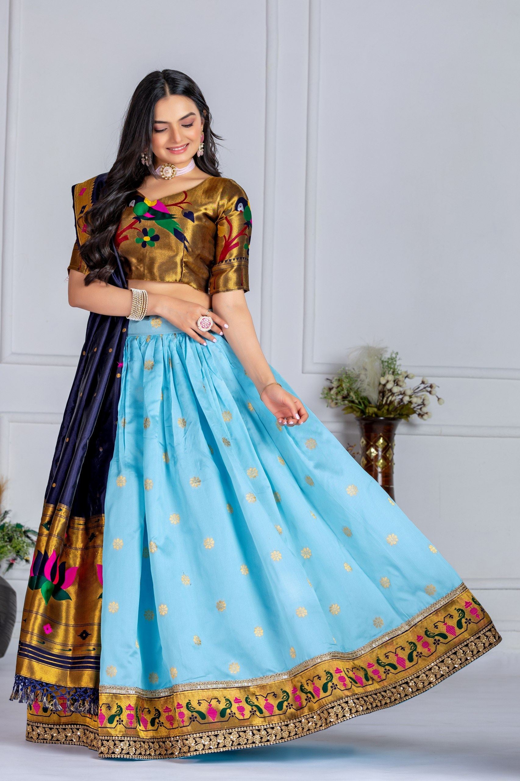 Sky Blue Lehenga Choli with Jacquard Zari Weaving & Embroidery Lace Detailing