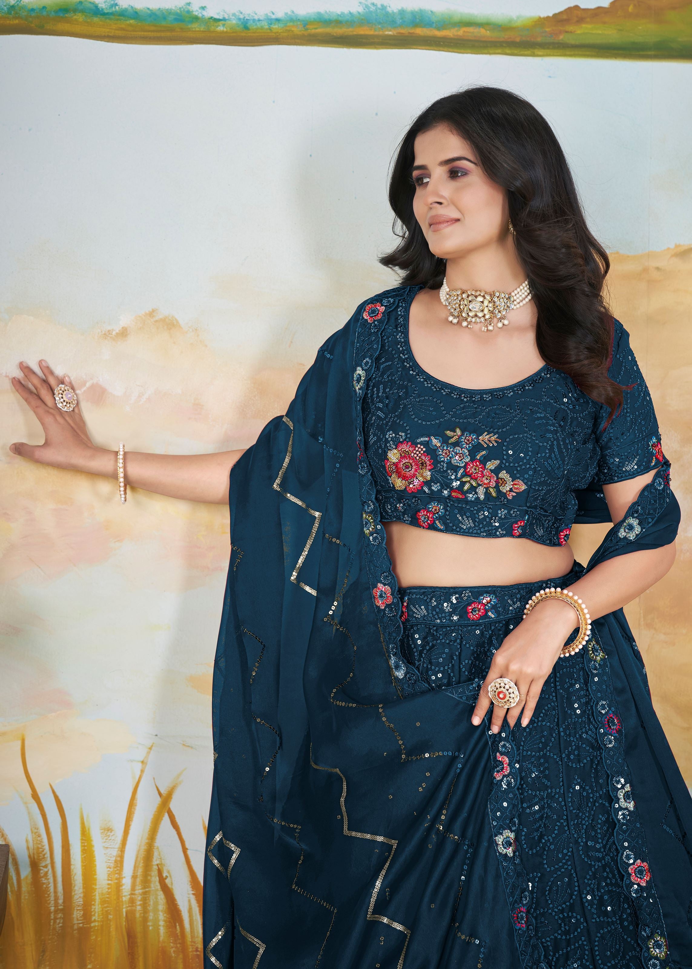 Teal Chinnon Lehenga with Floral Design and Sequin Detailing