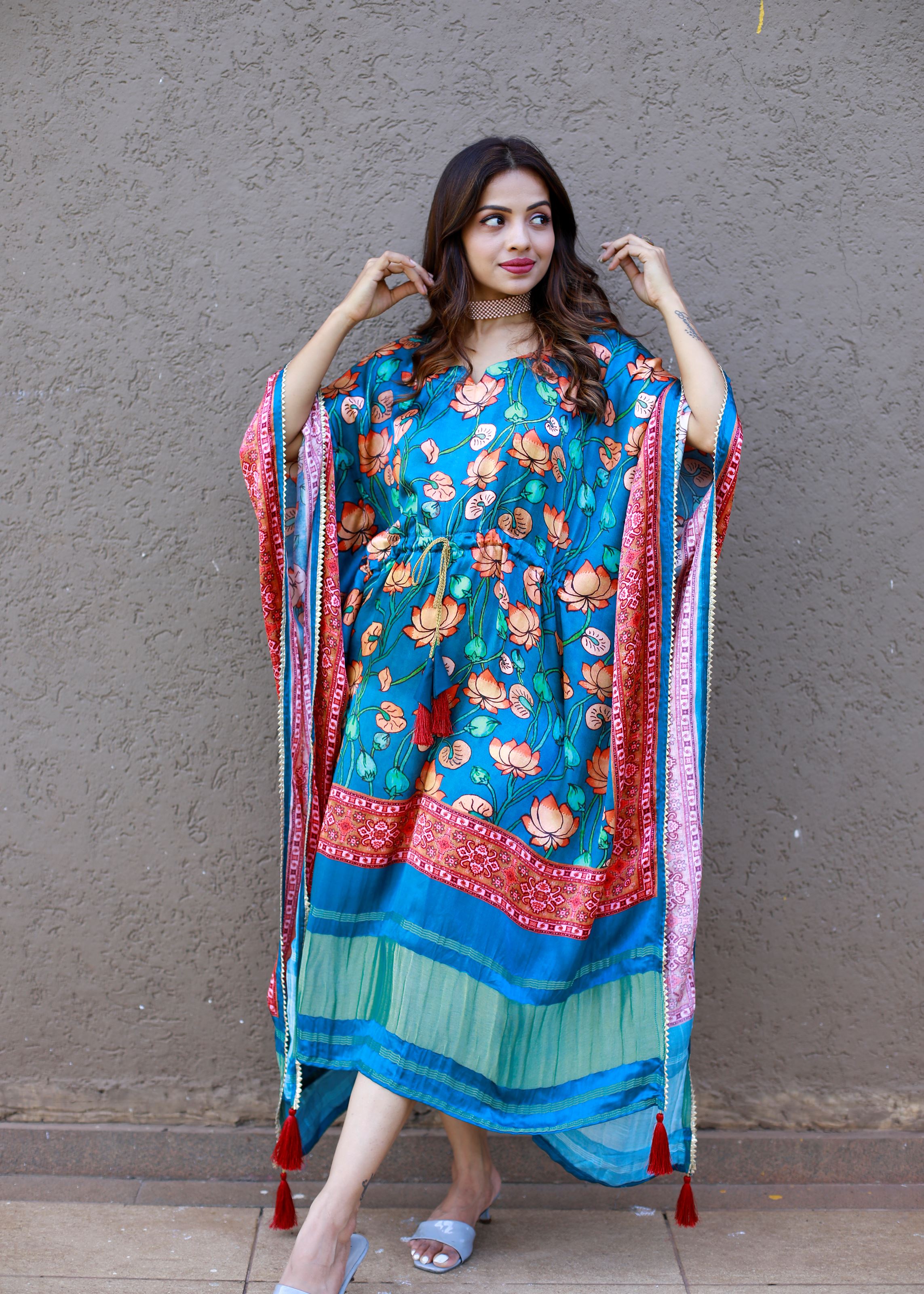 Teal Color Pure Gaji Silk Kaftan with Gotta Patti Tassels