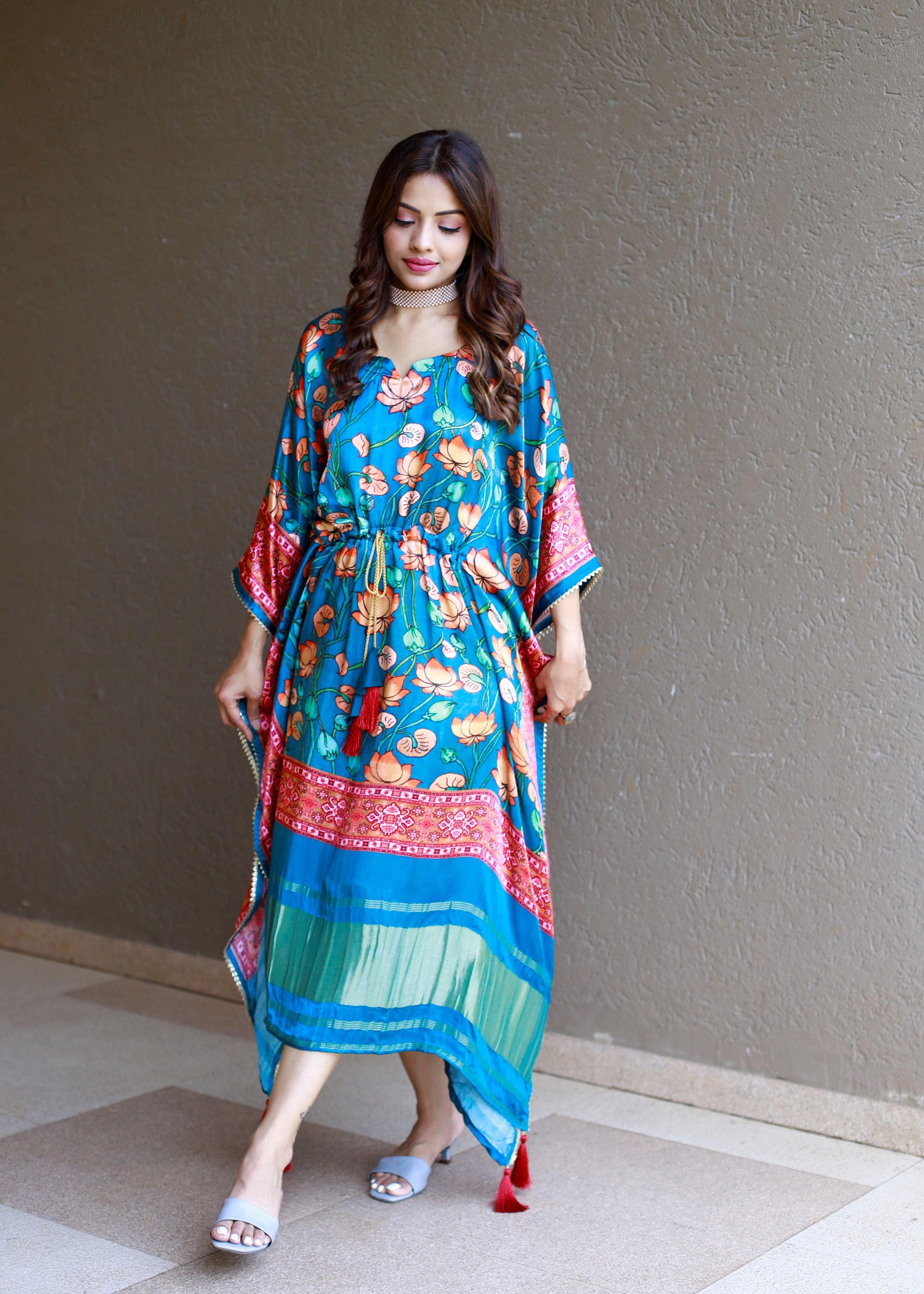 Teal Color Pure Gaji Silk Kaftan with Gotta Patti Tassels