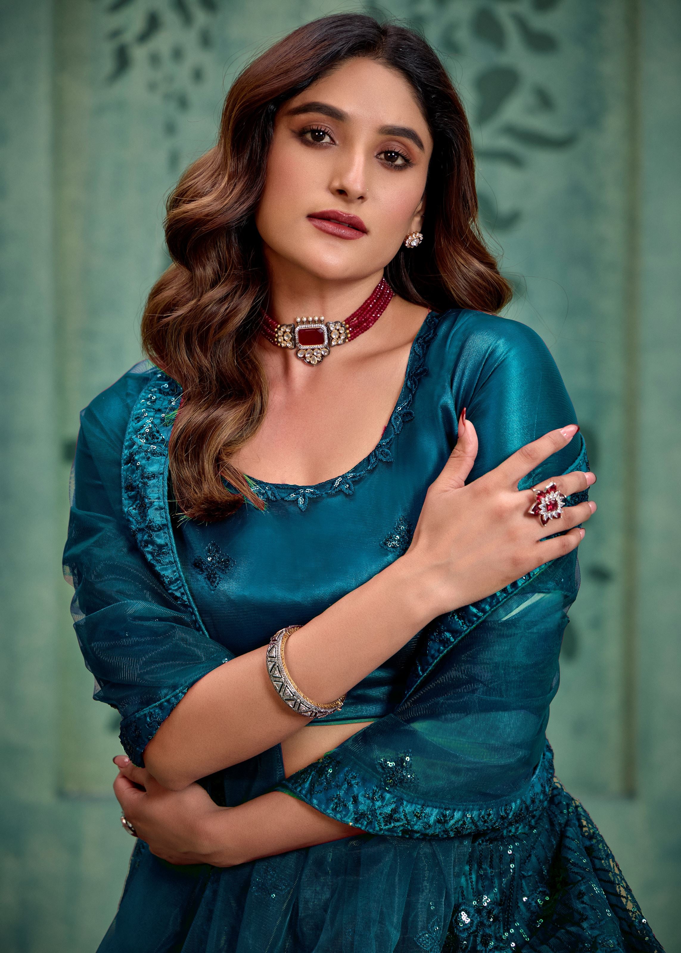 Teal Lehenga Choli With Heavy Sequence Embroidered