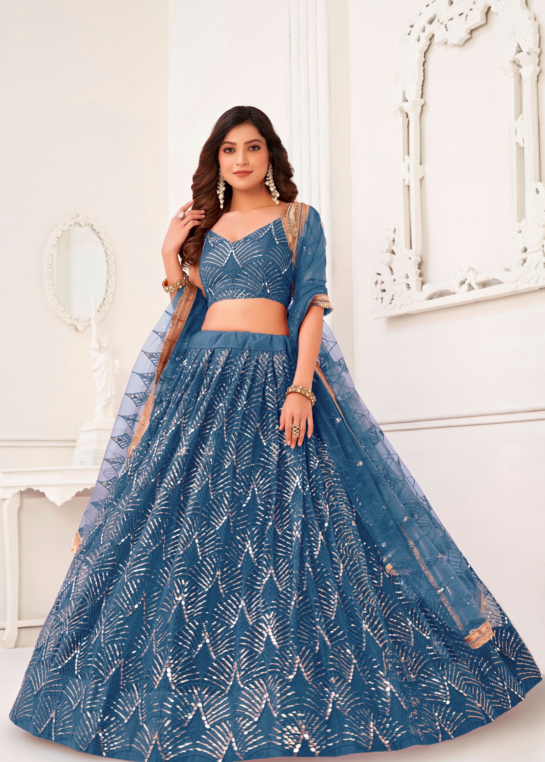 Turquoise Net Lehenga Choli With Thread Embroidery Real Mirror Work