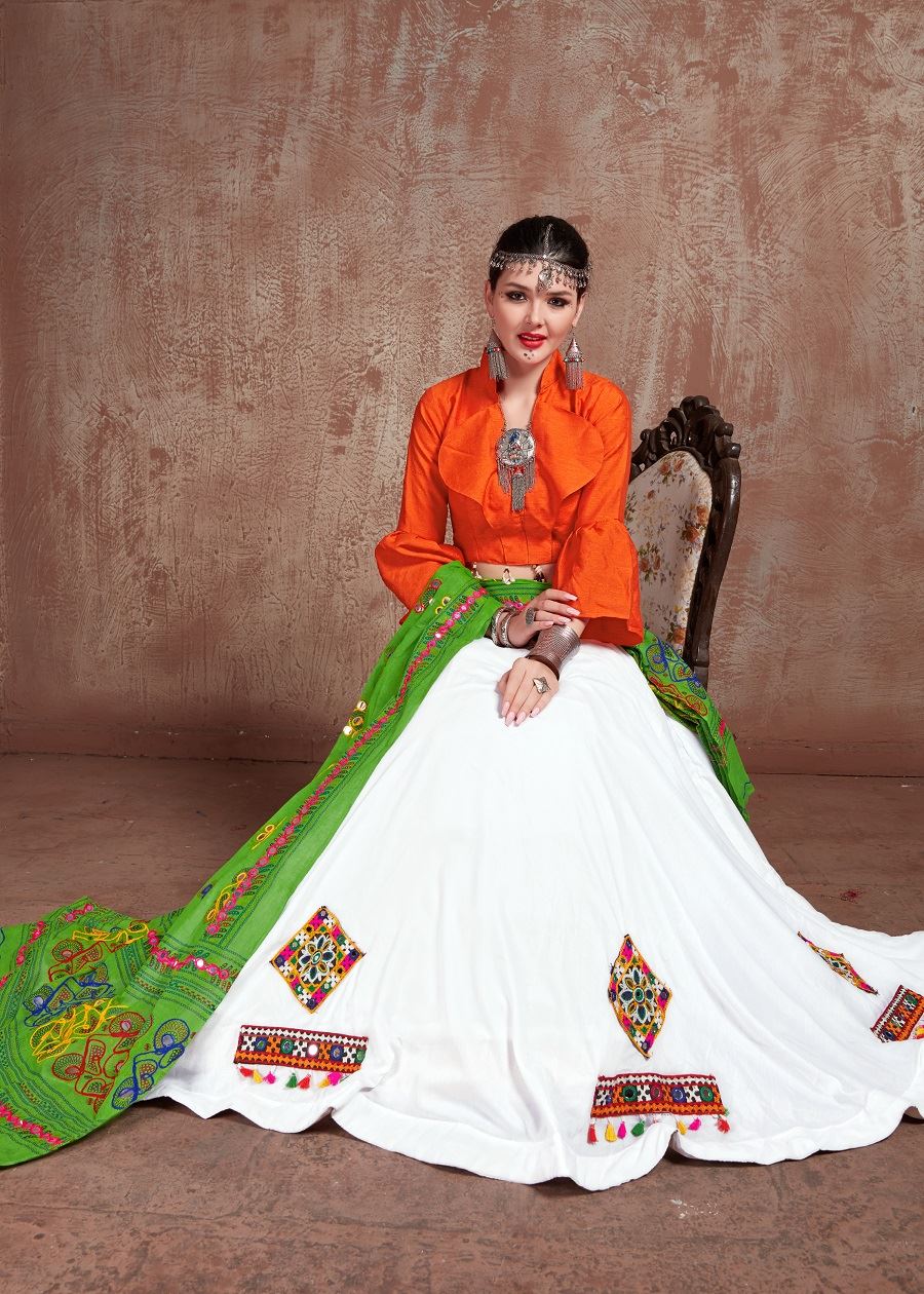 White And Orange Navratri Chaniya Choli With Gamthi Work Butta And Tassels Lace