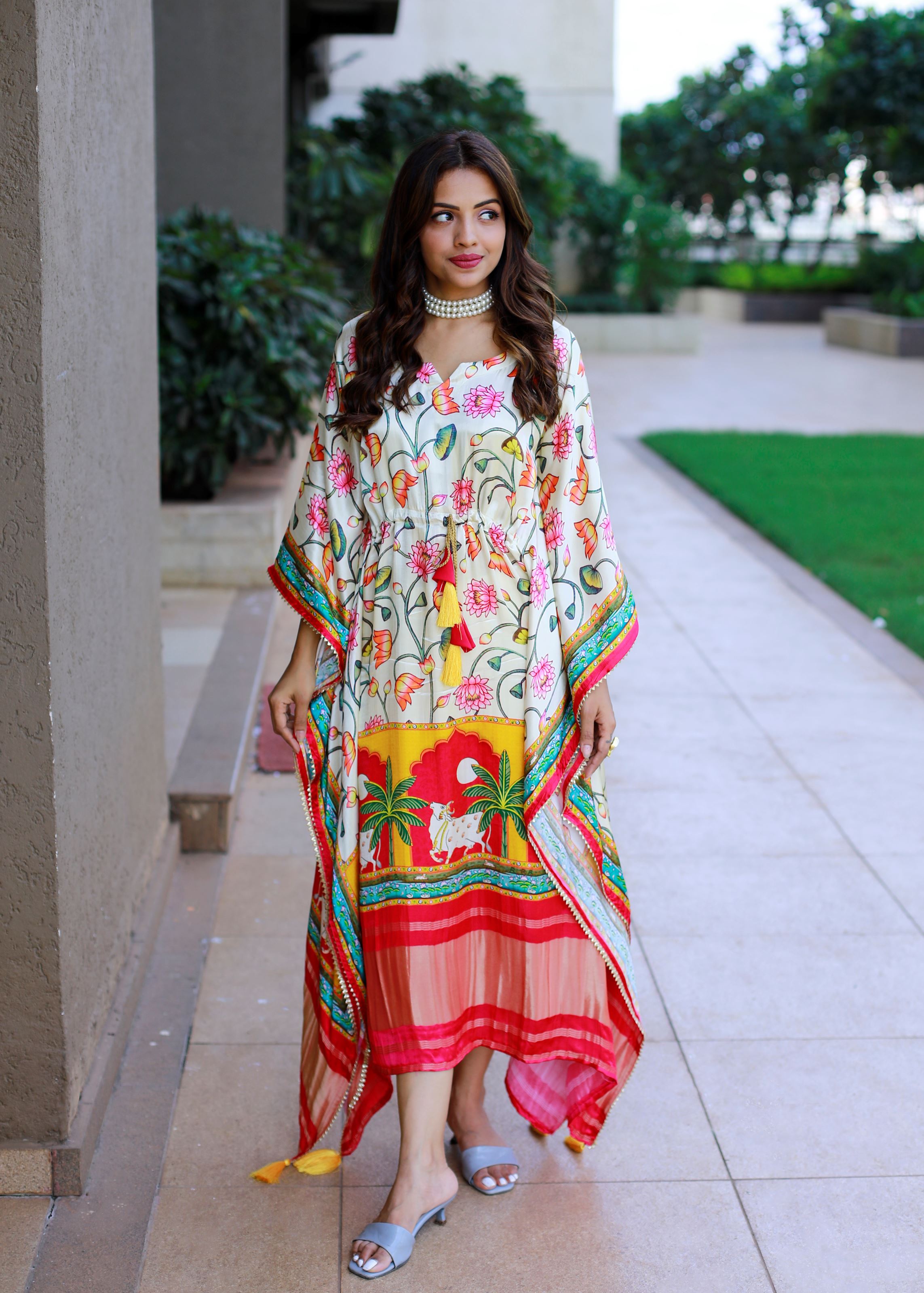 White Color Pure Gaji Silk Kaftan with Gotta Patti Tassels