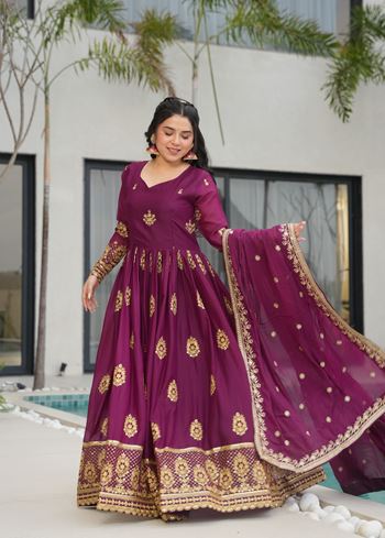 Wine Anarkali With Heavy Embroidery Zari Sequins work
