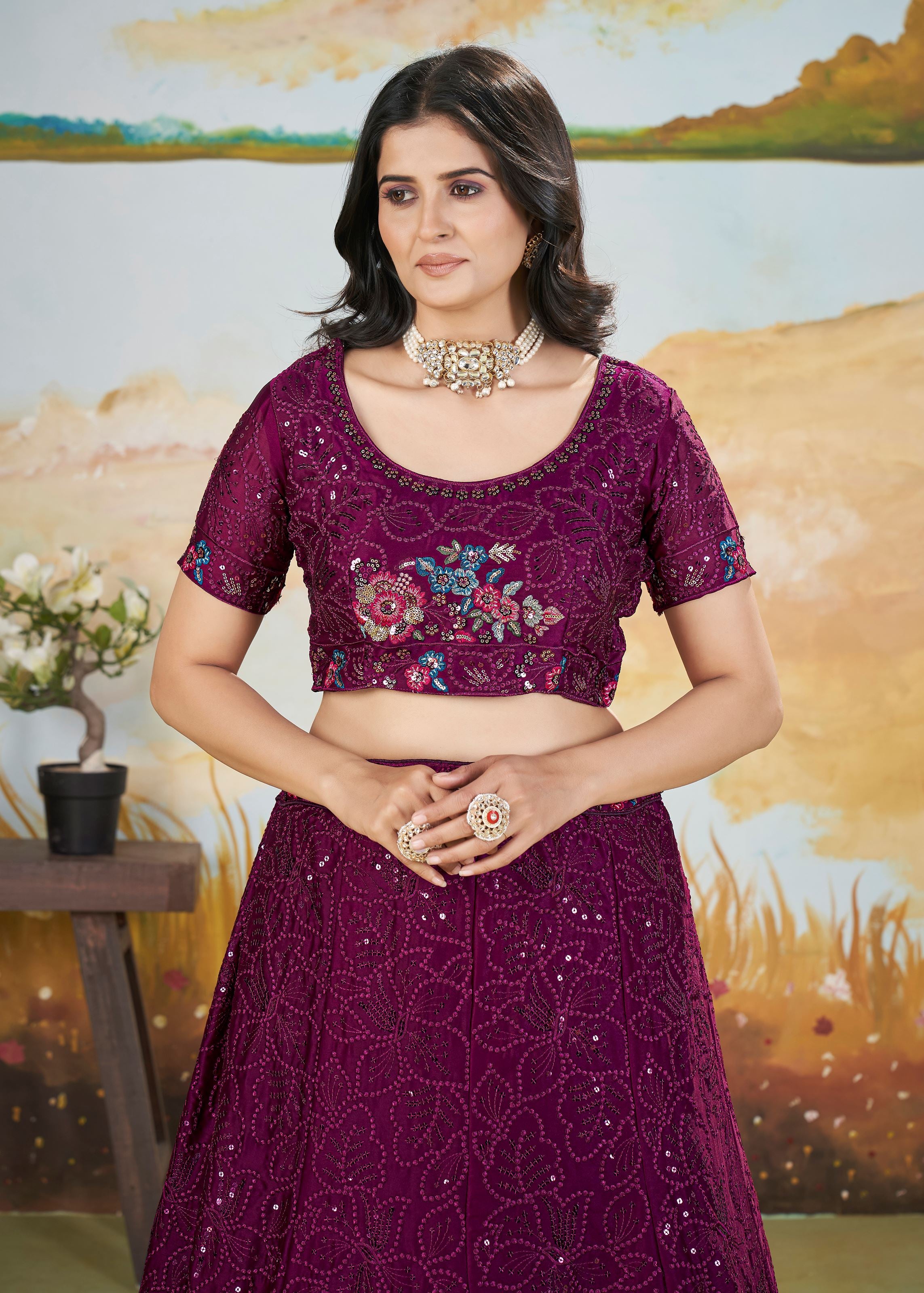 Wine Chinnon Lehenga with Floral Pattern Sequin Work